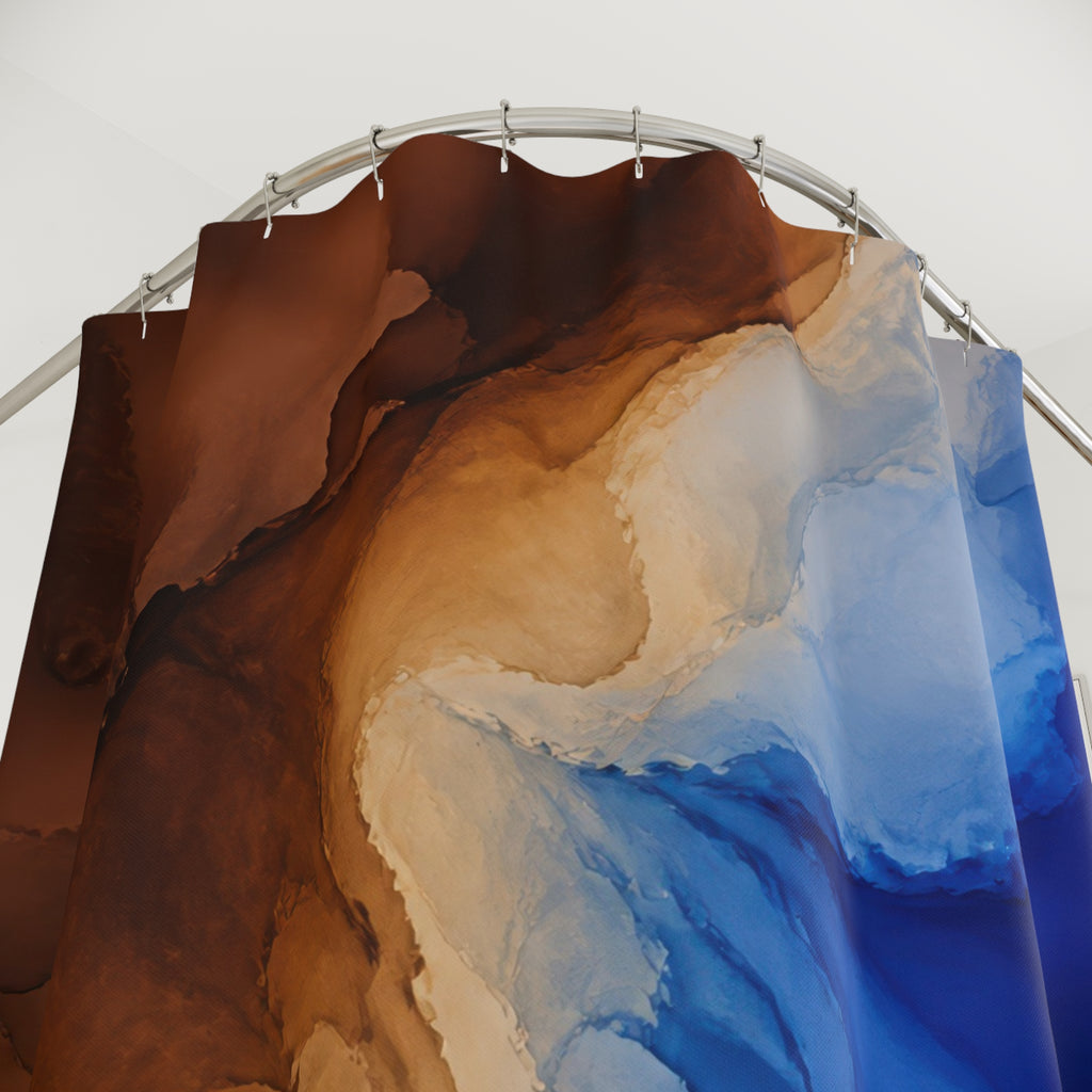 Cobalt blue and brown flowing abstract ink washes shower curtain with close-up print, hooks, and folds