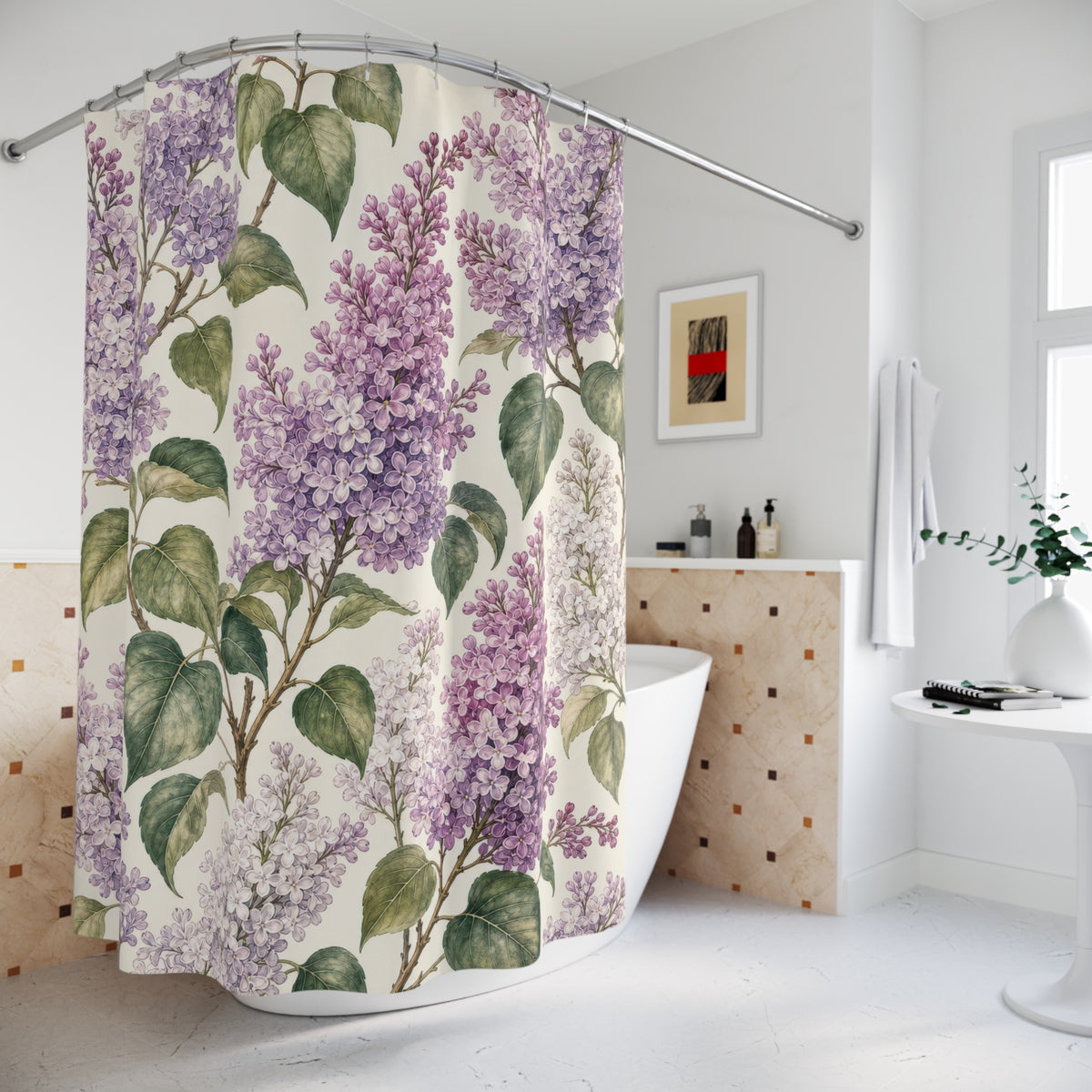 Purple Vintage Floral Botanical lilac shower curtain beside a freestanding tub