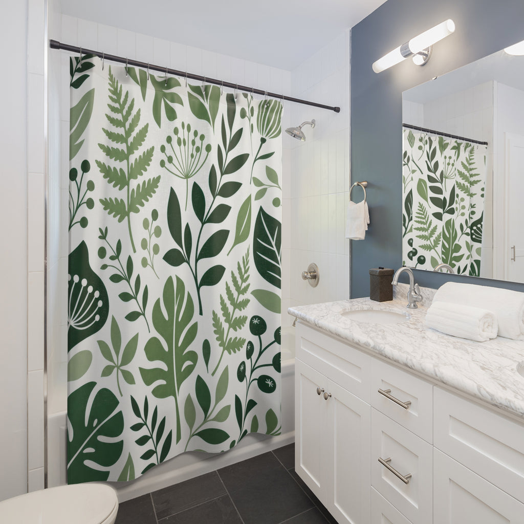 Green White Modern Leaf Shower Curtain