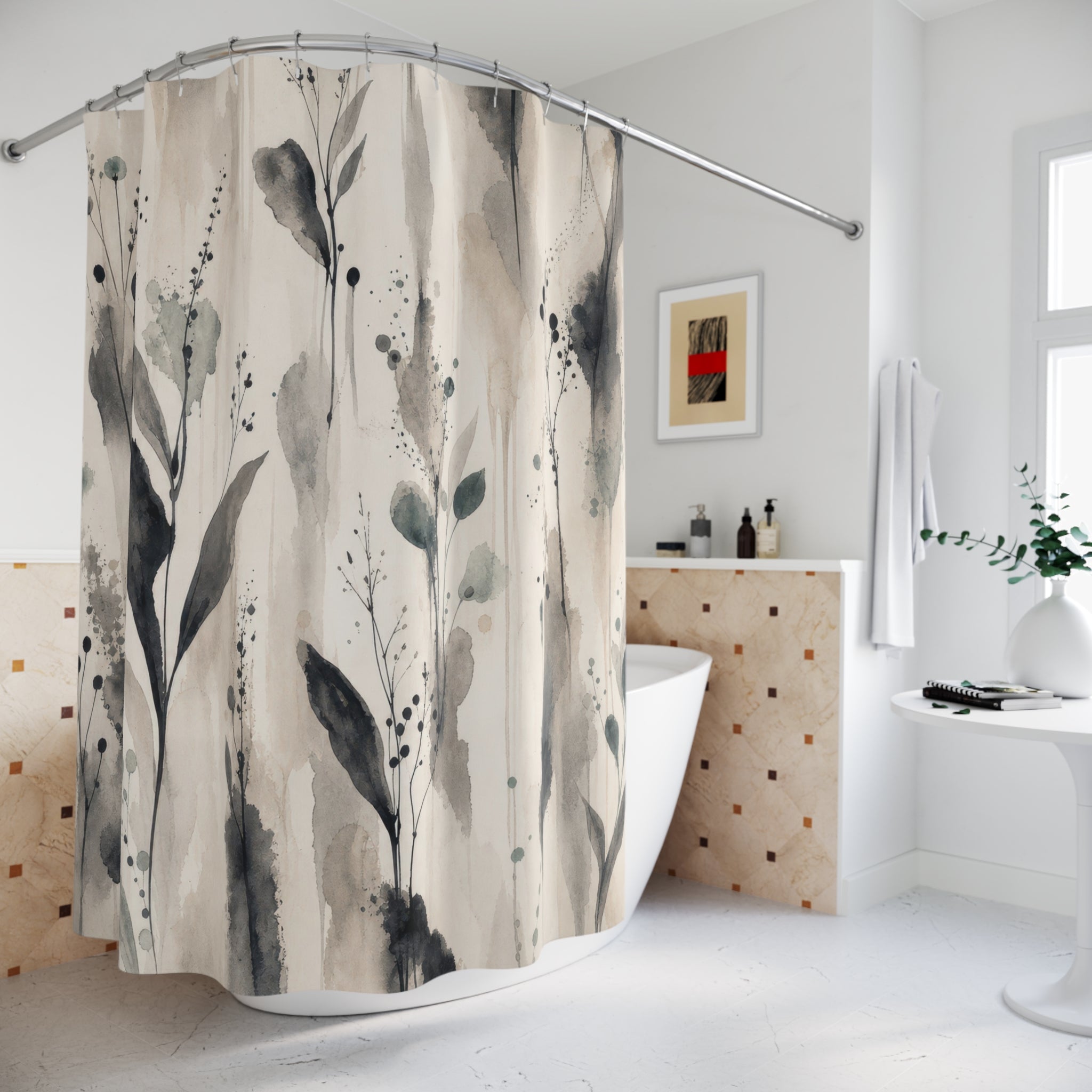 Black Botanical Shower Curtain, White Cream Floral Bath Decor, Gray Leaf Stem Pattern, Airy Minimal Soft Neutral Guest Bathroom Decor Style