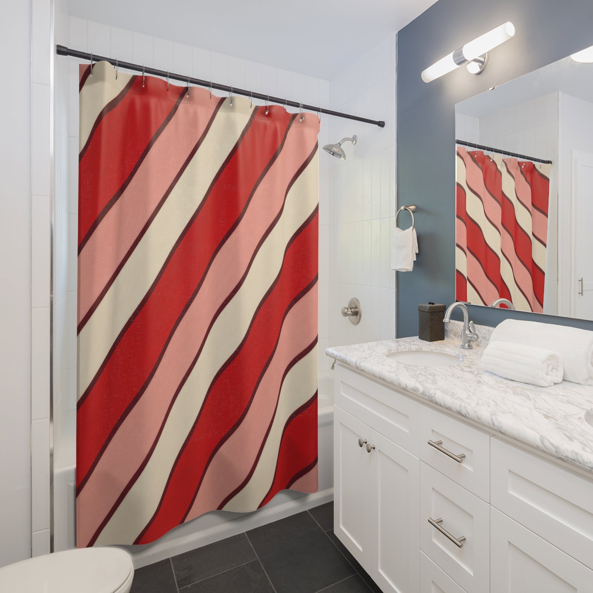Diagonal Cherry Stripe Shower Curtain, Cherry Red Modern Bathroom Decor, Modern Stripe Bath Curtain, Guest Bath Decor, Small Bathroom Decor