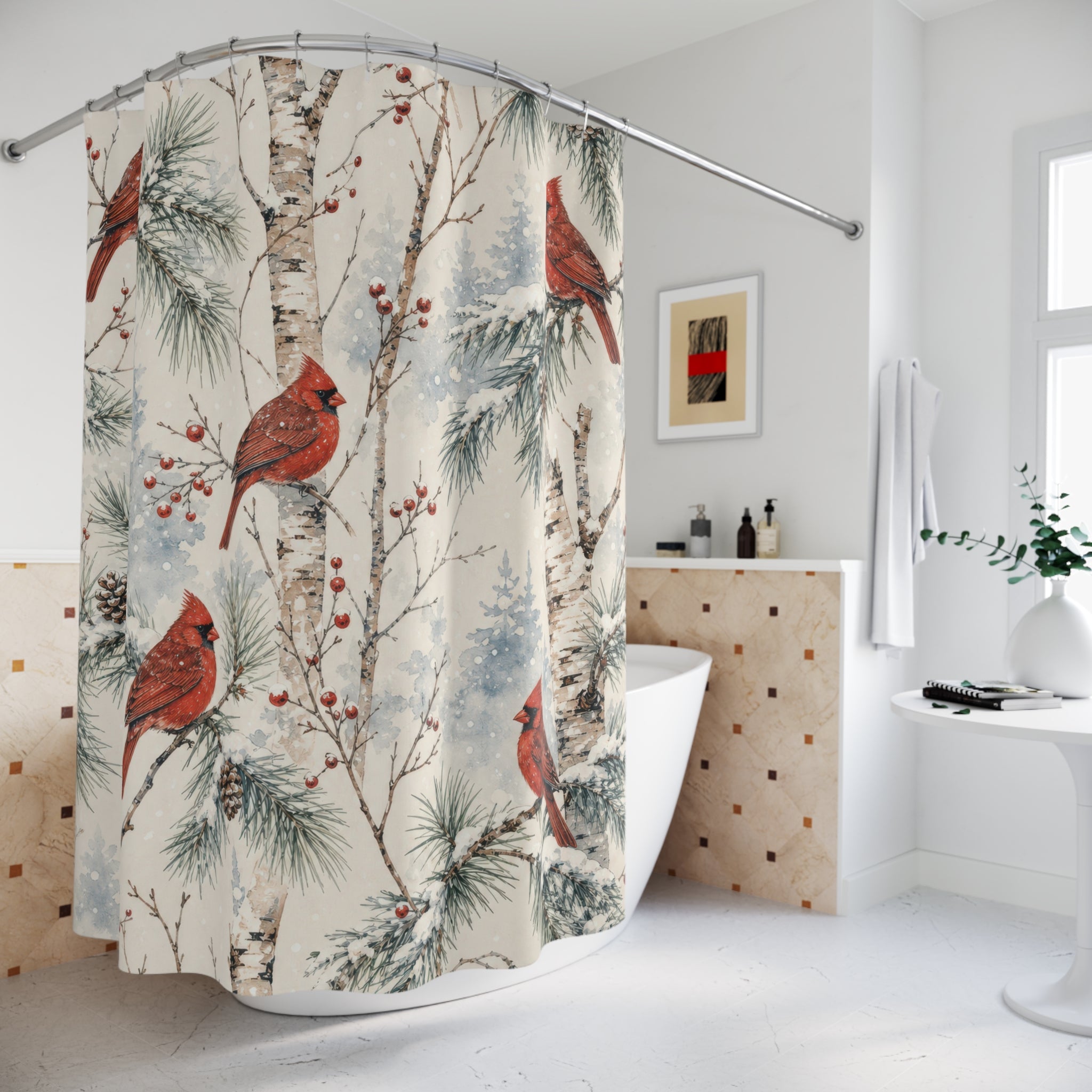 Red Cardinal Winter Pine Shower Curtain