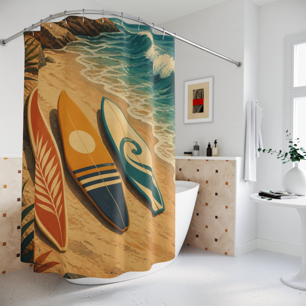 Vintage surfboards beside a curling teal wave shower curtain styled beside a freestanding tub