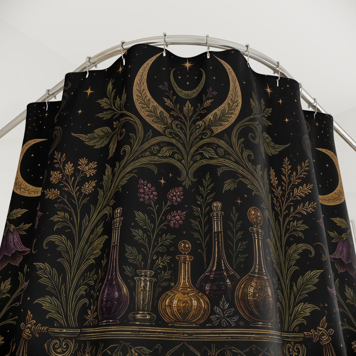 Witchy Black Cat Apothecary Night Garden shower curtain with close-up print, hooks, and folds