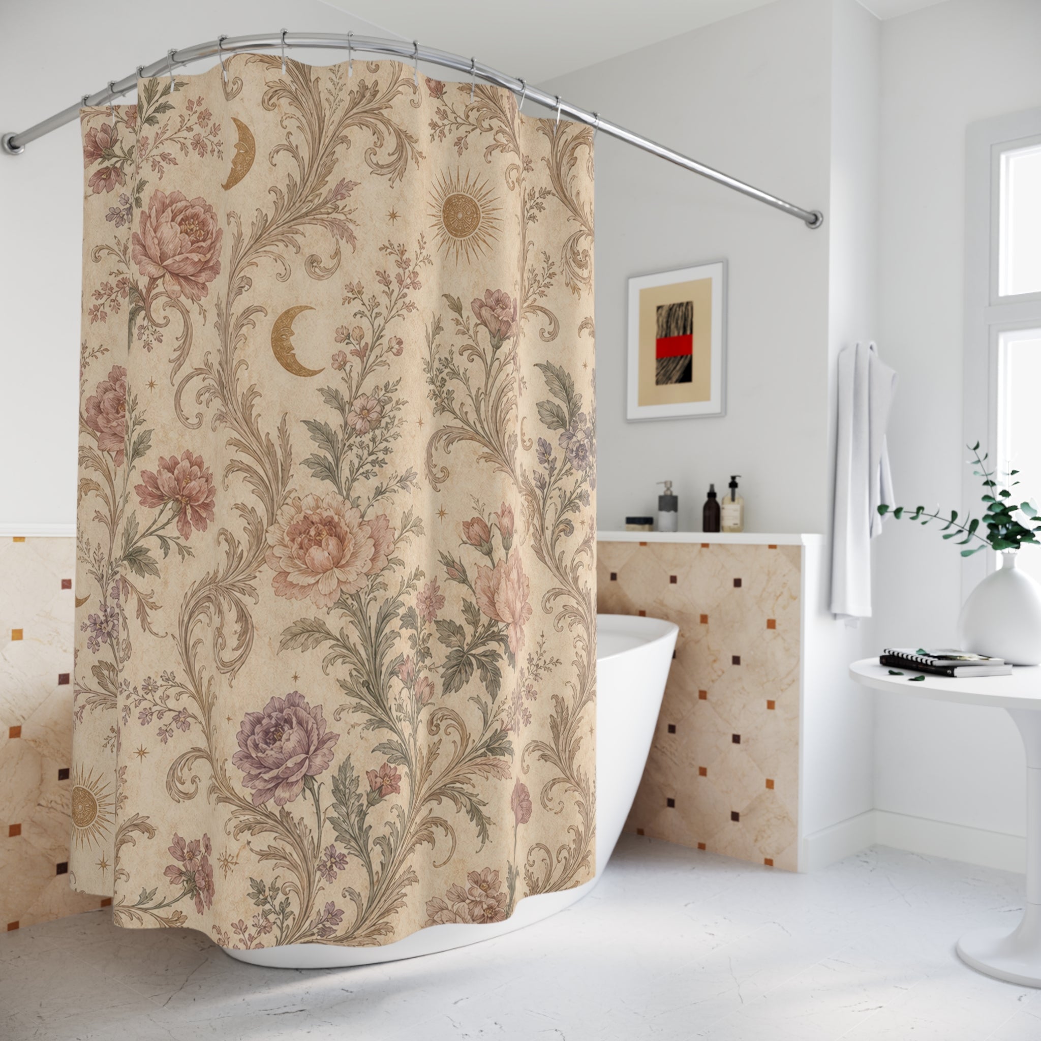 Beige Mauve Vintage Floral Shower Curtain