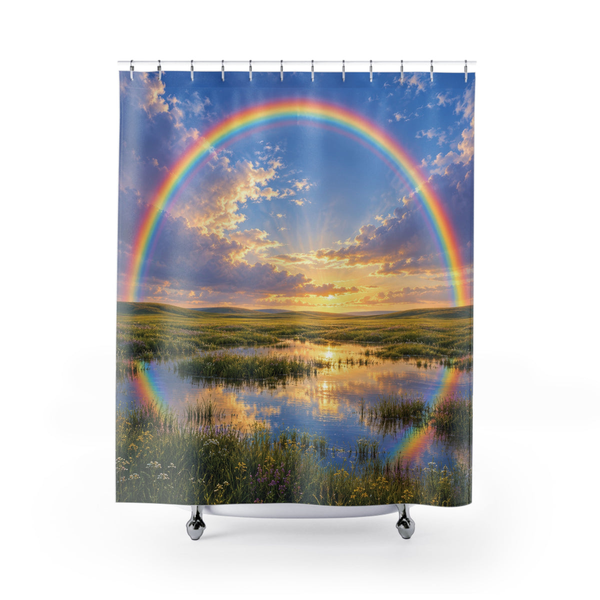 Rainbow over a green meadow and reflective water shower curtain with full front view