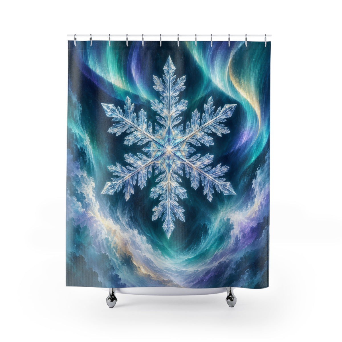Aurora blue teal snowflake crystal shower curtain with full front view