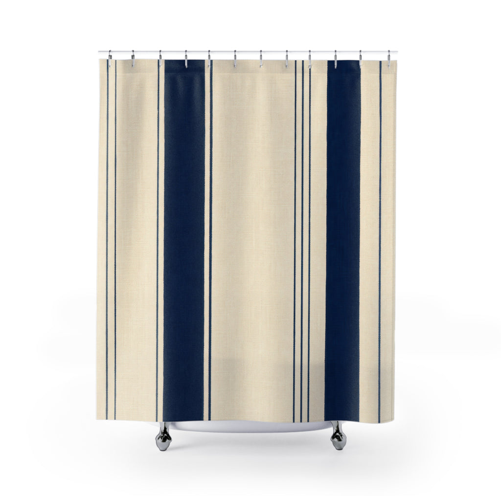 Navy Blue Cream Pinstripe Shower Curtain