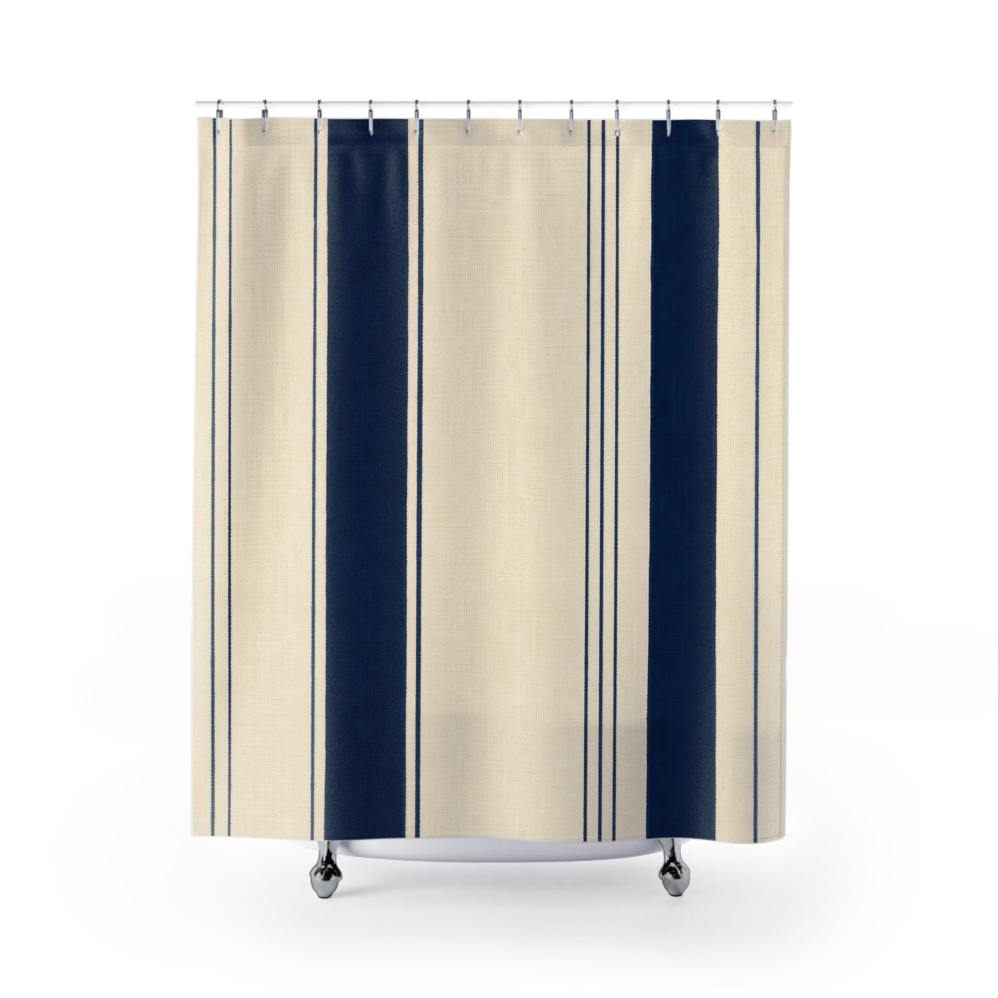 Navy Blue Cream Pinstripe Shower Curtain
