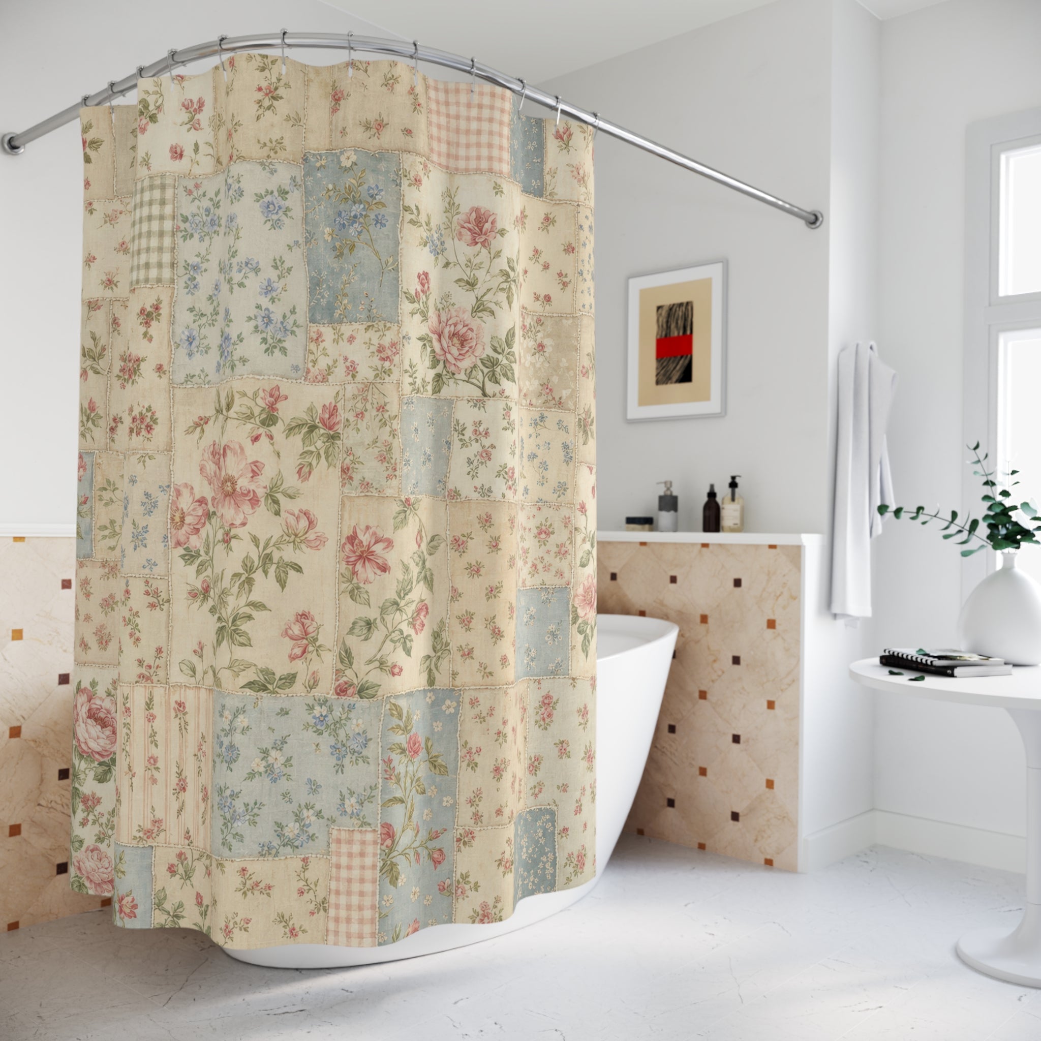 Vintage Floral Patchwork Cottagecore Shower Curtain