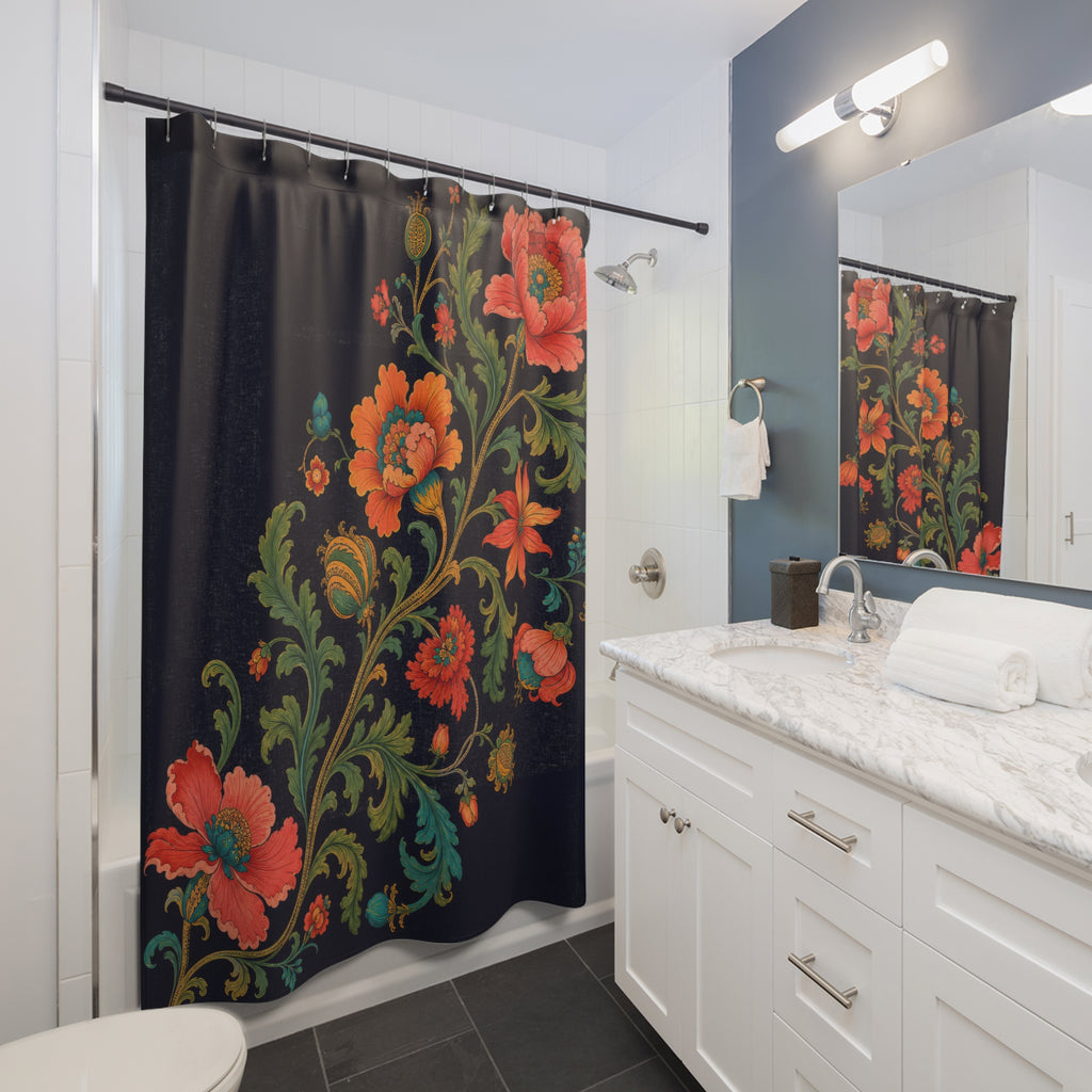 Navy jewel tone Jacobean serpentine floral shower curtain beside a white vanity
