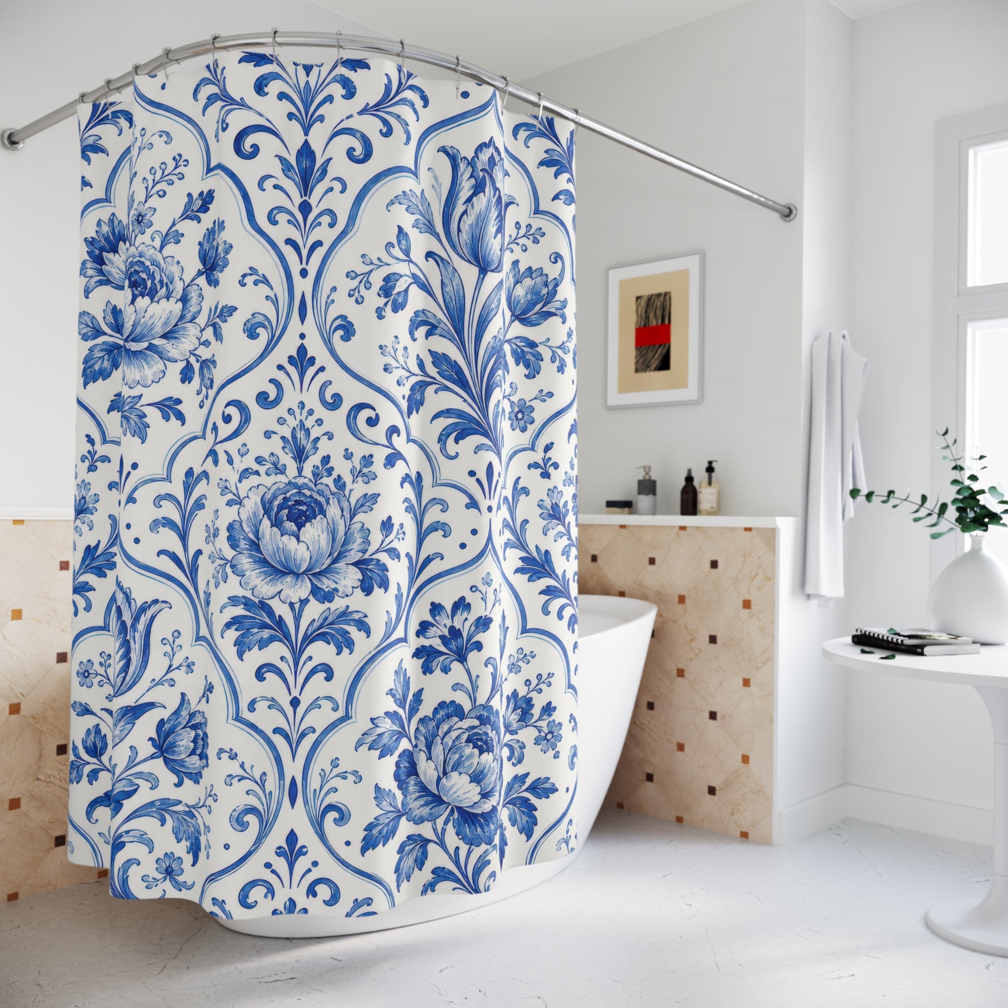 White Botanical Tile Shower Curtain