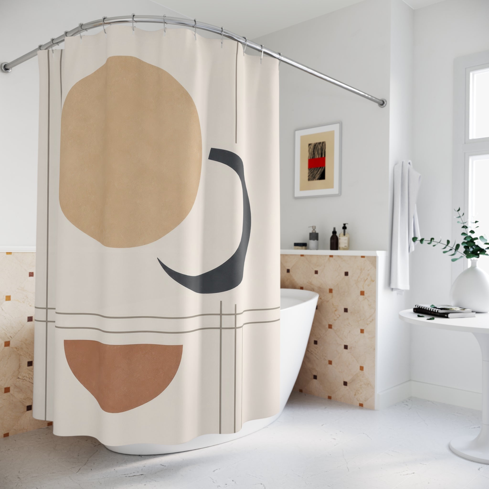 Tan Black Circle Crescent Shower Curtain