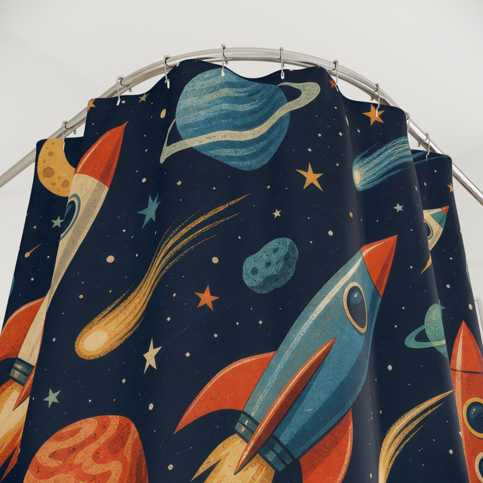 Rocket Ship Shower Curtain, Outer Space Bathroom Decor, Planets and Stars Bath Curtain, Kids Bathroom Art, Boys Space Decor, Space Bath Art