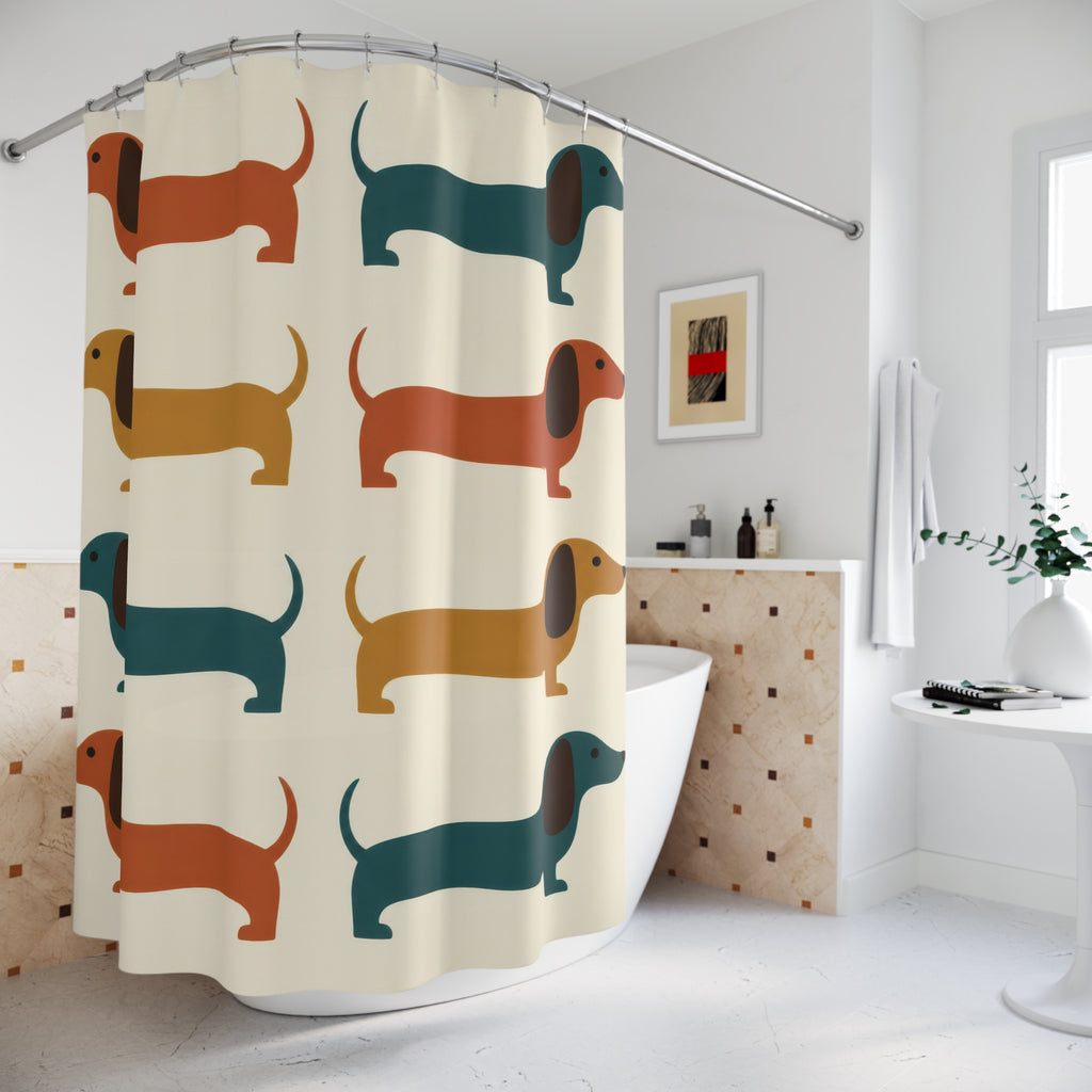 Mid century colorful dachshund shower curtain beside a freestanding tub
