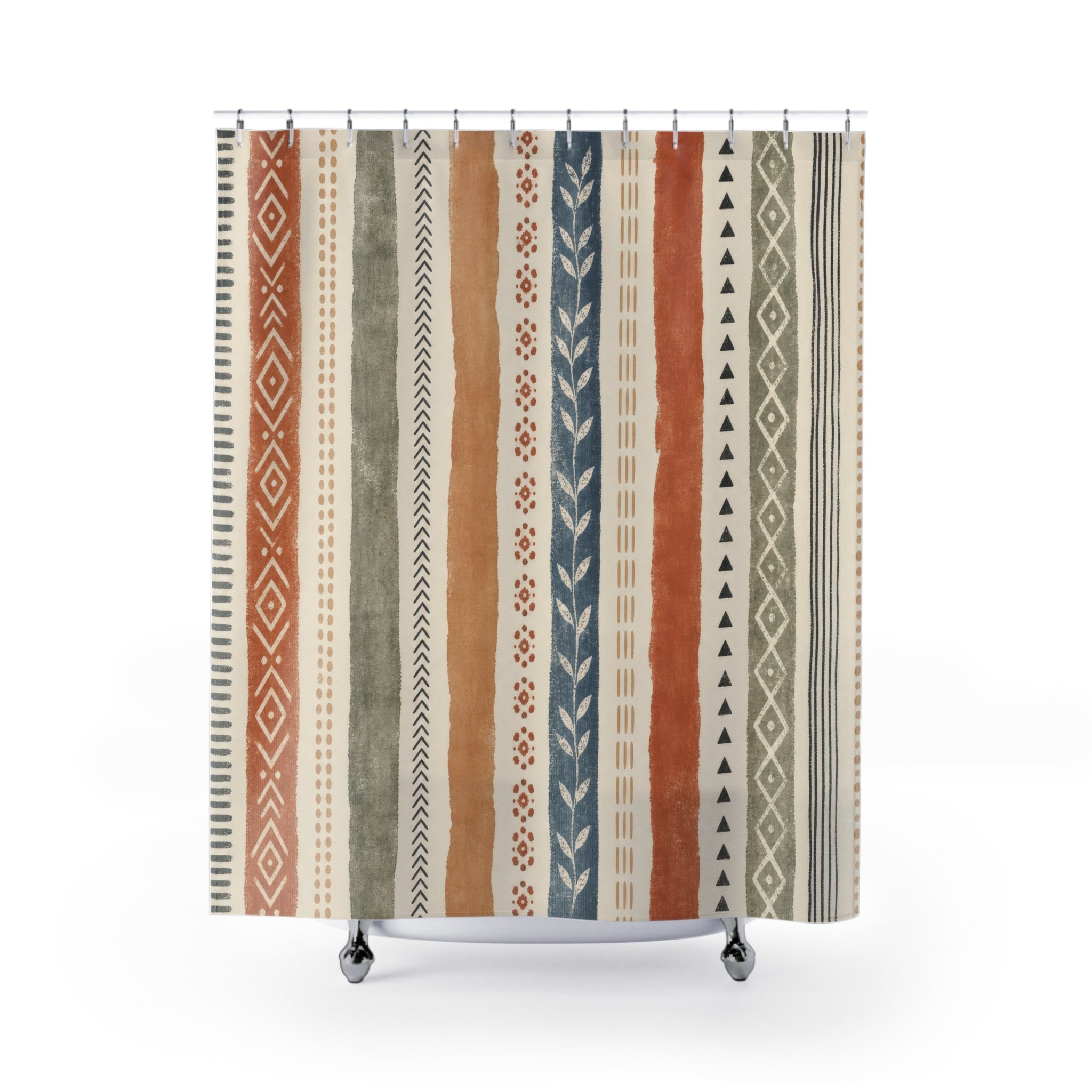 Terracotta Sage Blue Geometric Stripe Shower Curtain