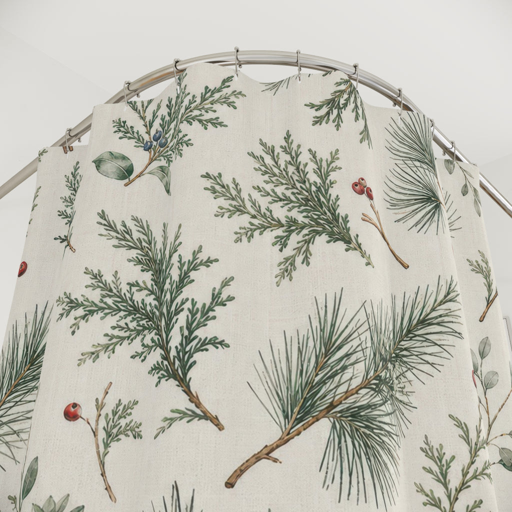Christmas Shower Curtain, Green Winter Botanical Bath Decor, Pine Berry Sprig Pattern, Soft Green Farmhouse Guest Bathroom Decor Style