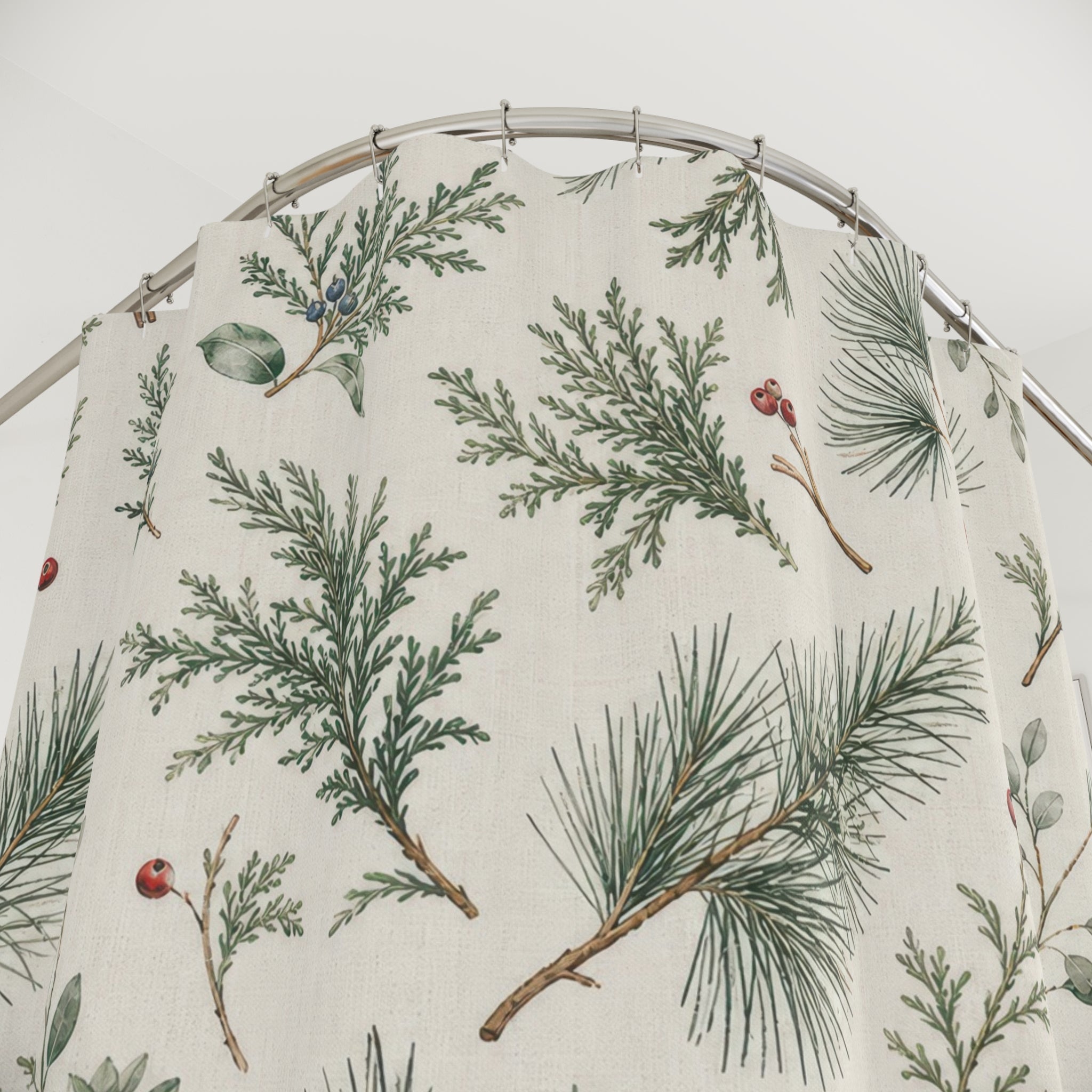 Christmas Shower Curtain, Green Winter Botanical Bath Decor, Pine Berry Sprig Pattern, Soft Green Farmhouse Guest Bathroom Decor Style