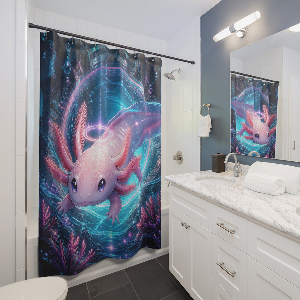 Luminous axolotl oracle before a teal and coral portal shower curtain beside a white vanity