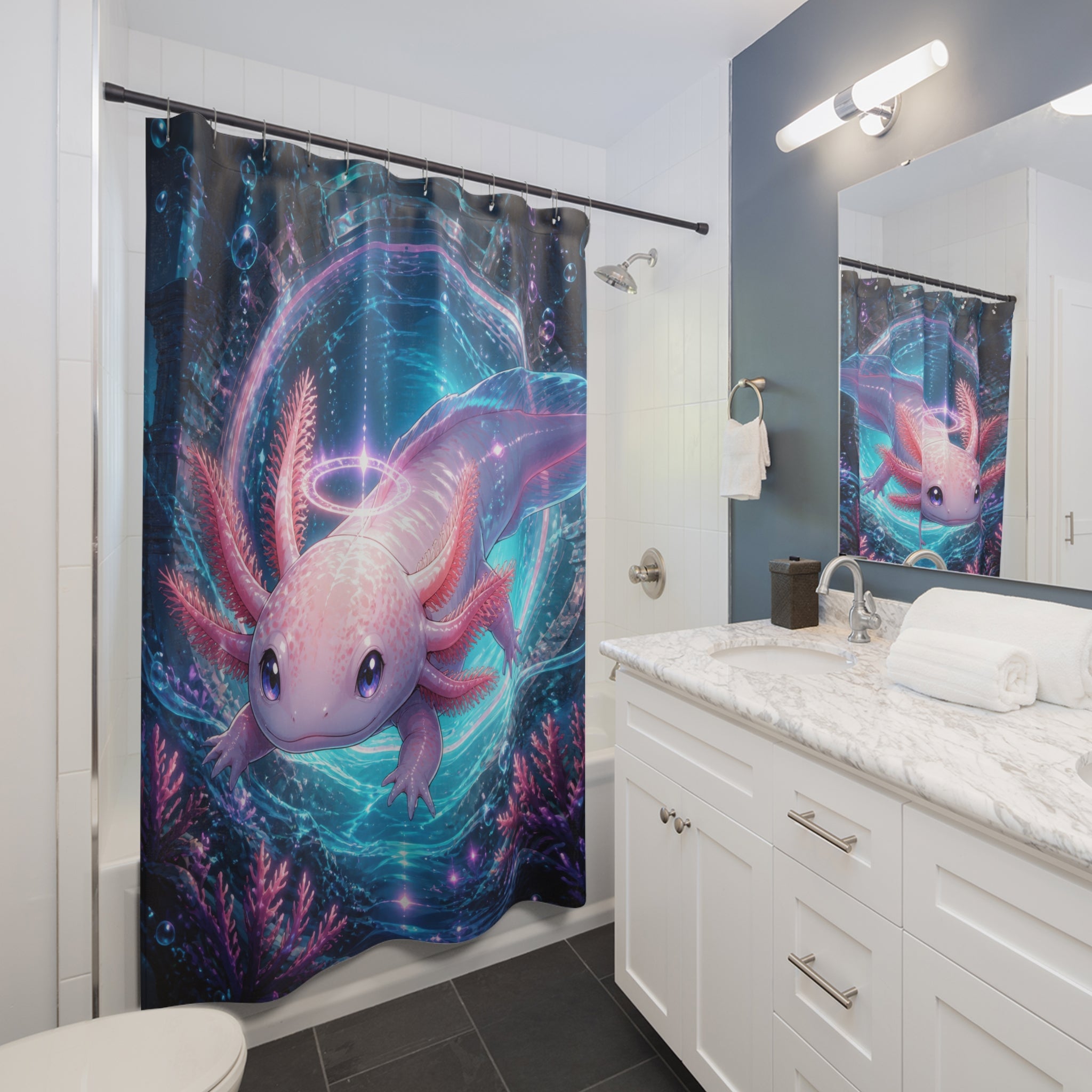 Luminous axolotl oracle before a teal and coral portal shower curtain beside a white vanity