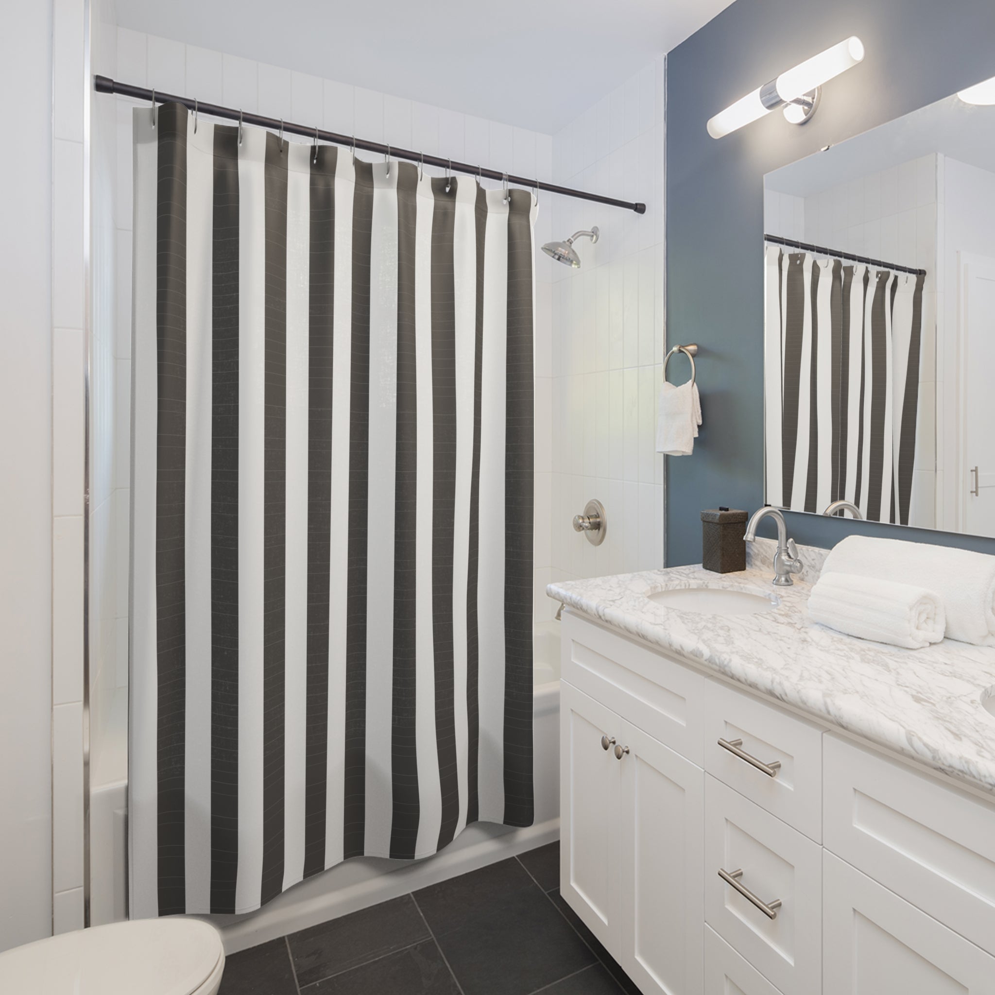 Grey and White Awning Stripe Shower Curtain