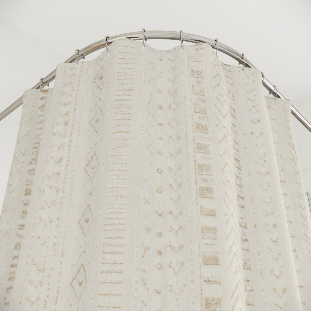 White Boho Shower Curtain, Beaded Stripe Bath Decor, Ivory Vertical Pattern, Minimal Guest Bathroom Decor, Soft Neutral Style Decor