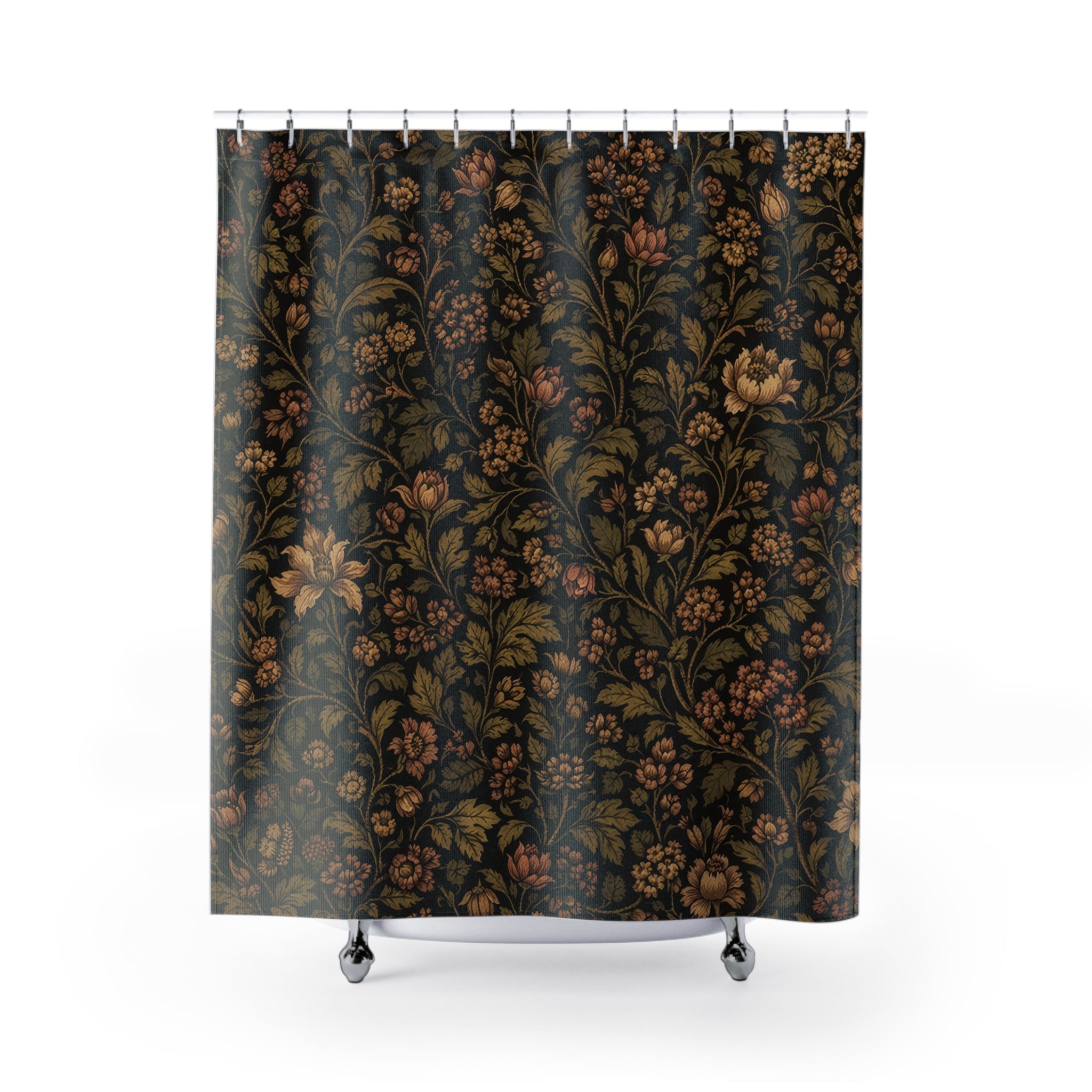 Morris-Inspired Dark Botanical Shower Curtain – Moody