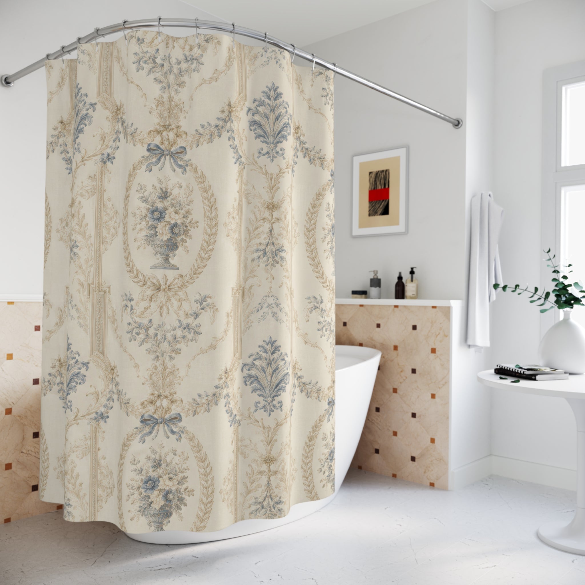 French Country Shower Curtain: Blue Beige Vintage Damask