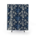 Ivory bamboo and blue leaves inside navy scallops shower curtain with full front view