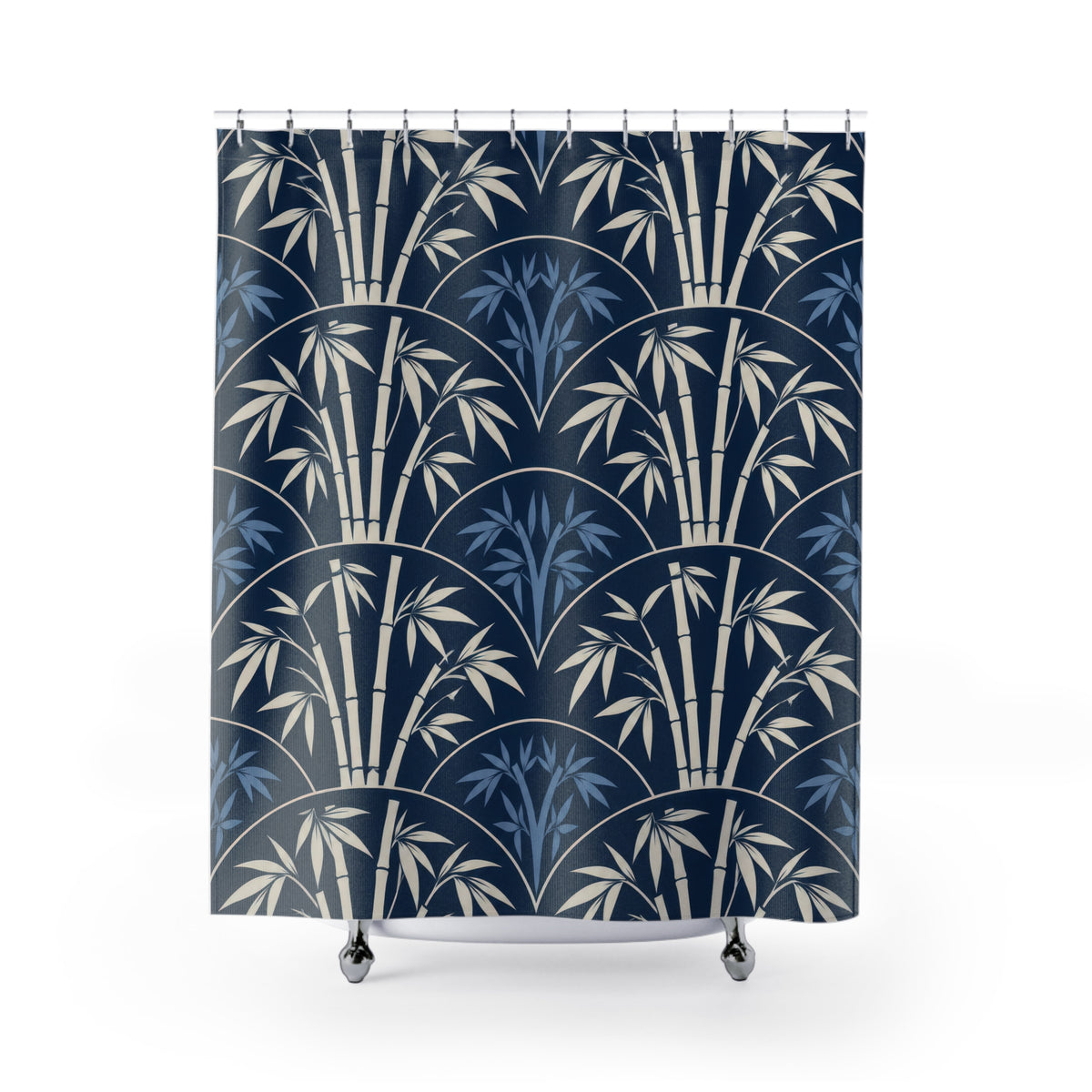 Ivory bamboo and blue leaves inside navy scallops shower curtain with full front view