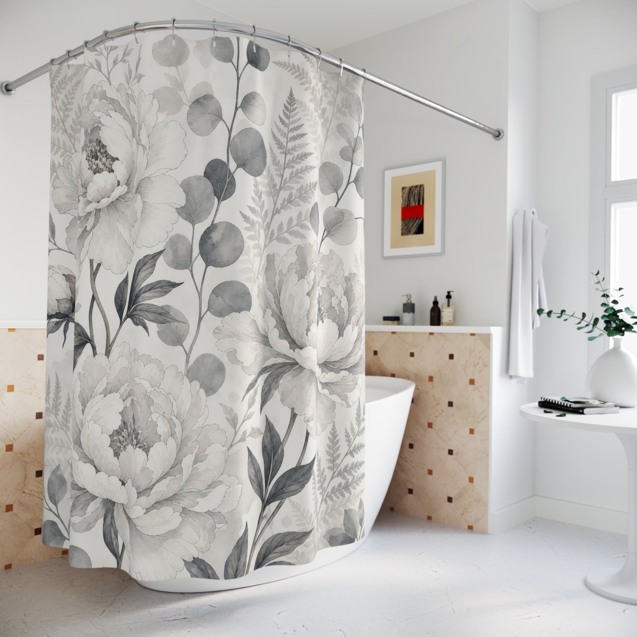 Gray White Peony Botanical Shower Curtain