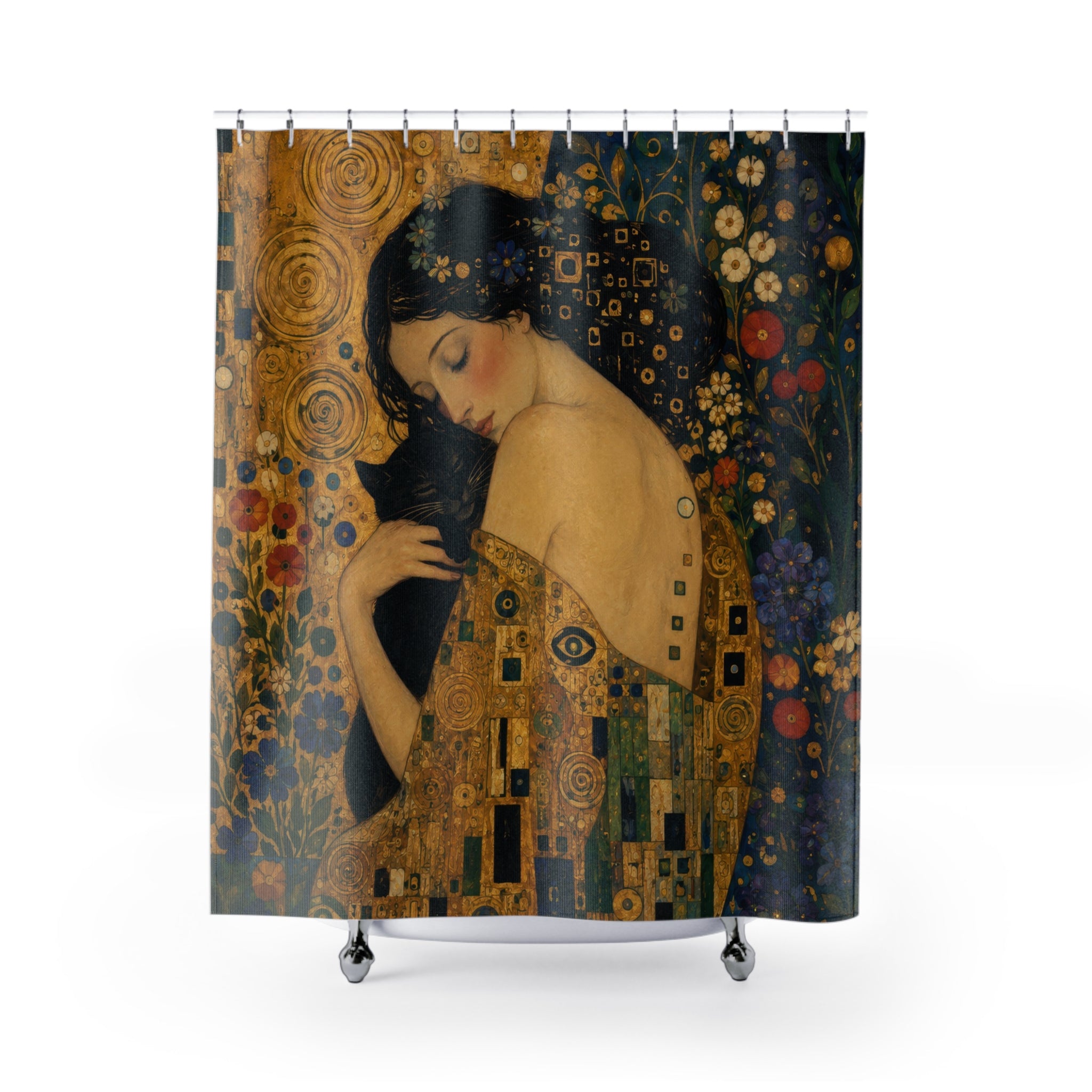 Klimt Inspired Black Cat Shower Curtain: Gold Nouveau