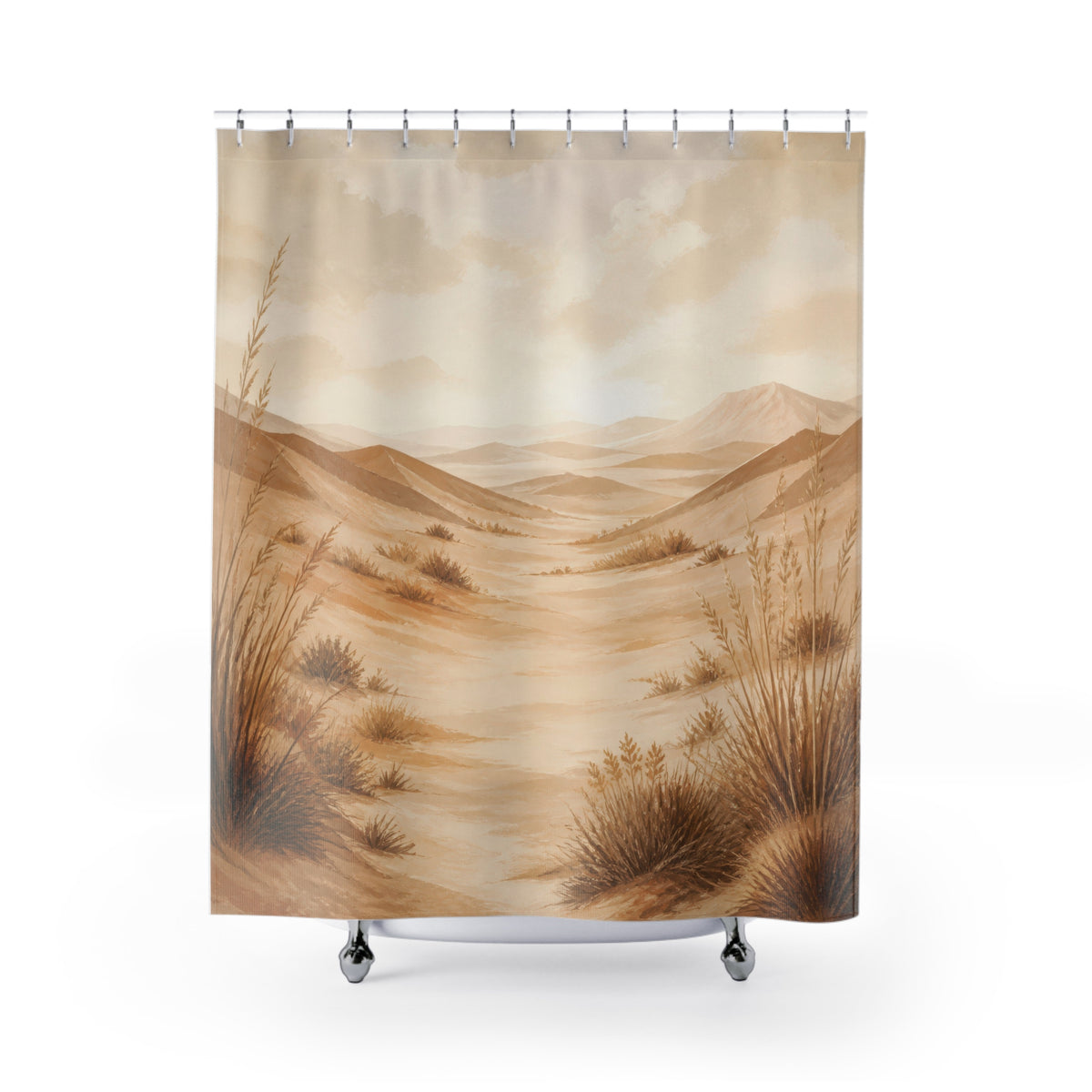 Sweeping tan dunes and wind-shaped grasses beneath a hazy horizon shower curtain with full front view