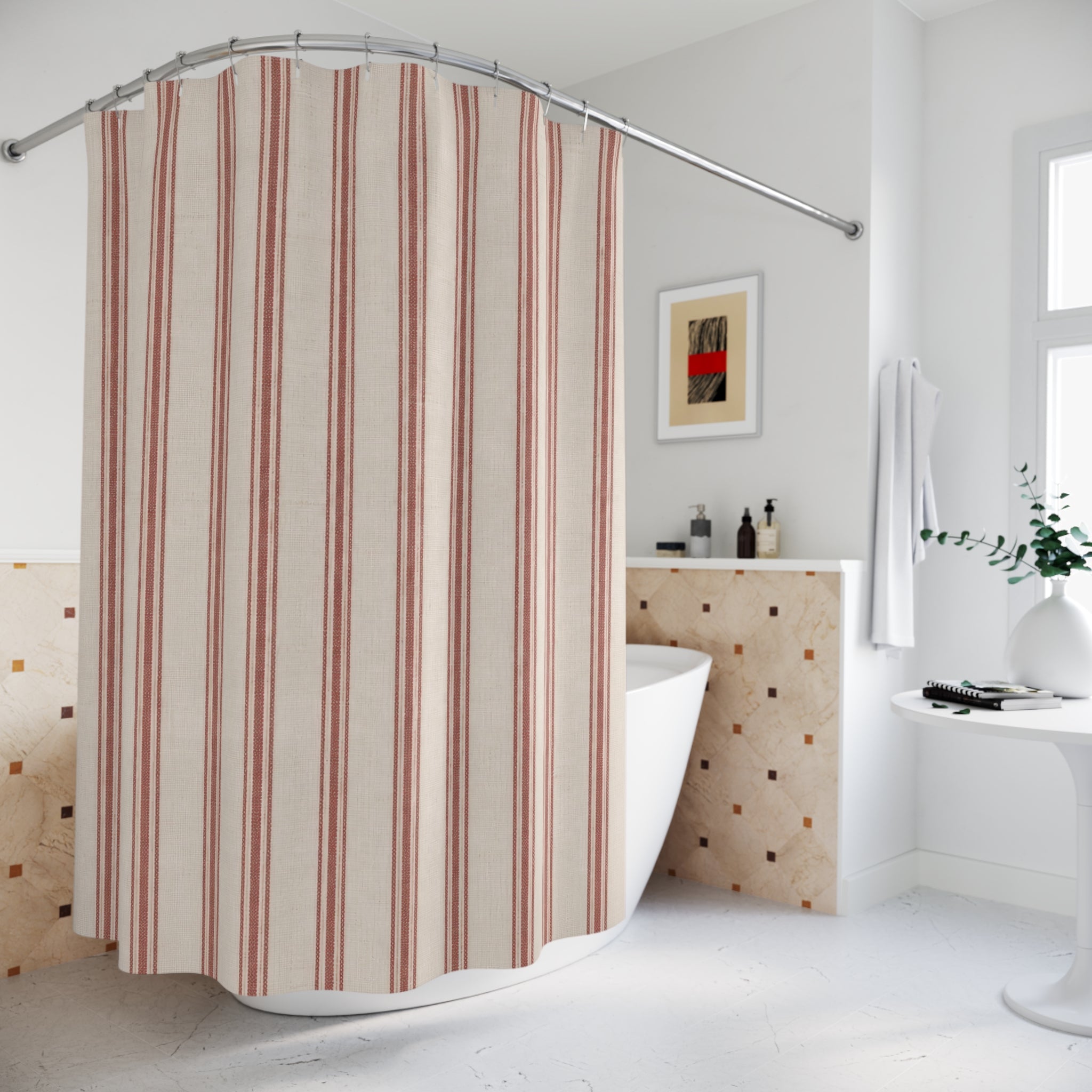 Red and White Striped Shower Curtain: Dense French Ticking