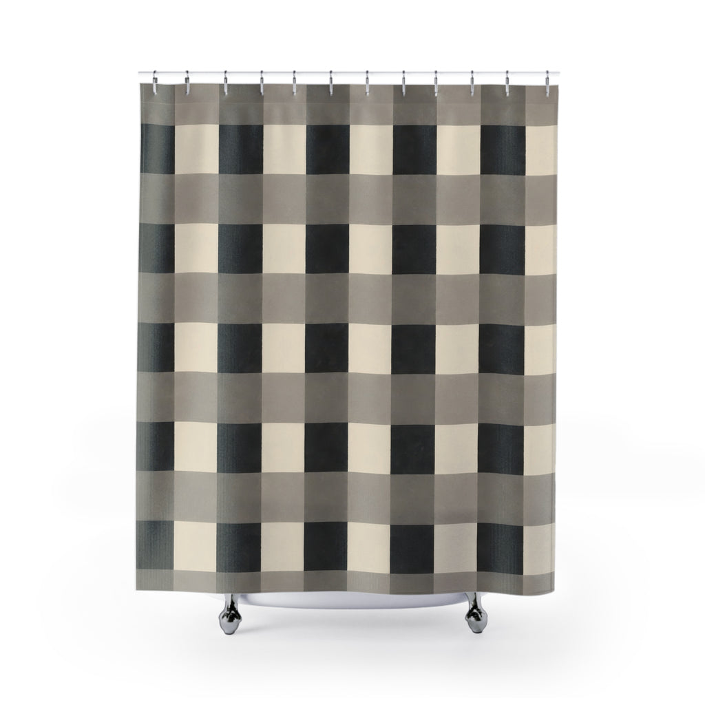 Buffalo checks in charcoal, gray and ivory shower curtain with full front view