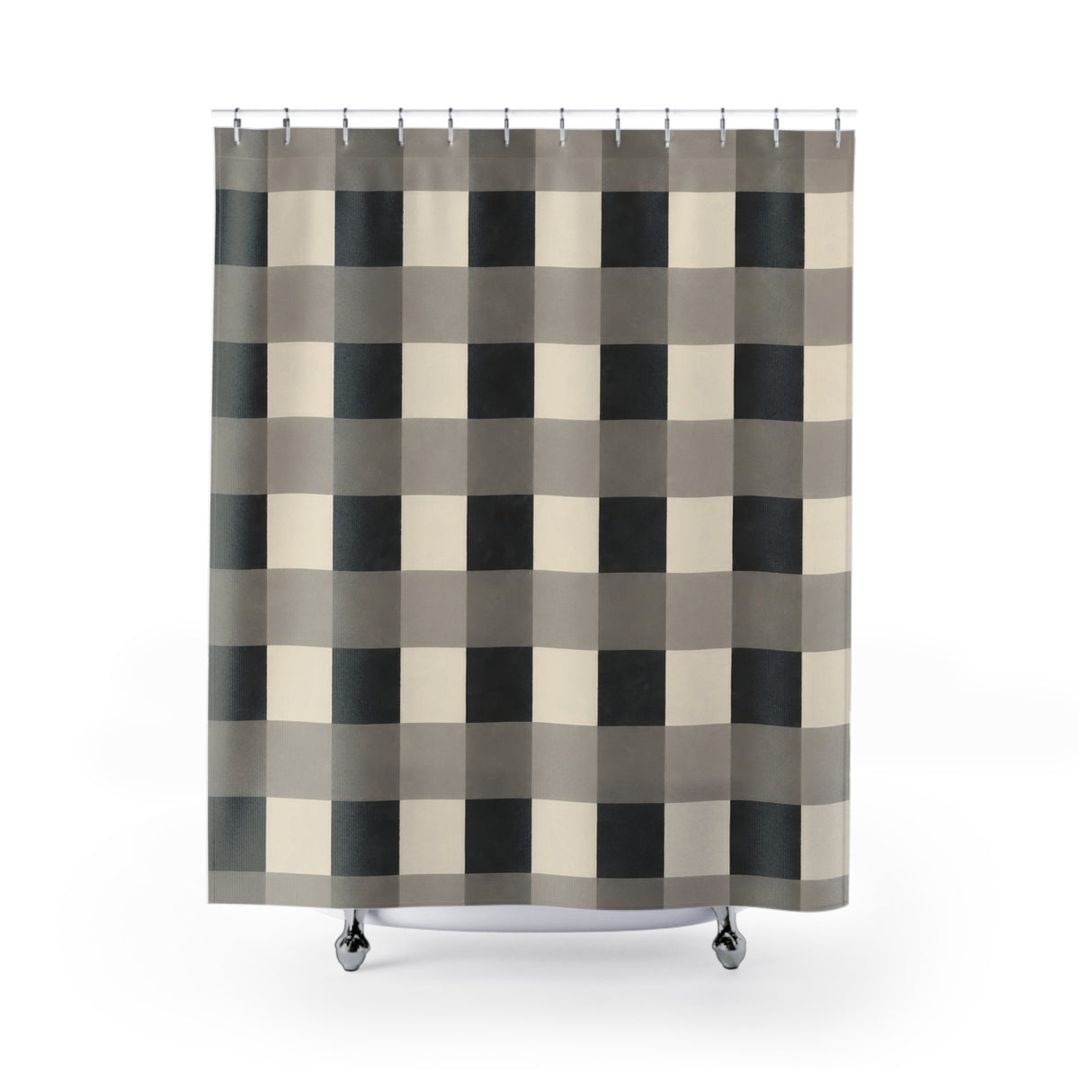 Buffalo checks in charcoal, gray and ivory shower curtain with full front view