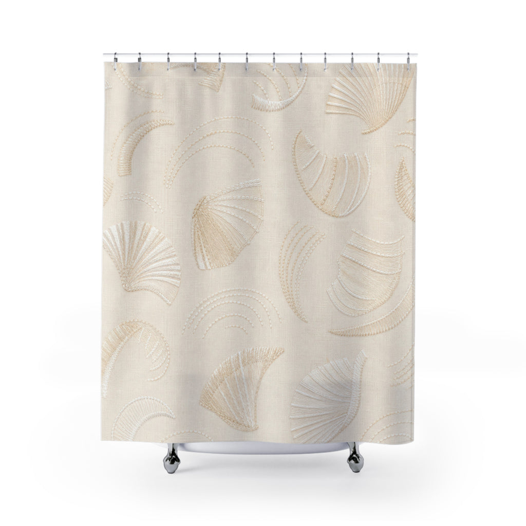 Cream Shower Curtain, Beige Abstract Bath Decor, Fan Shell Relief Style Pattern, Elegant Neutral Guest Bathroom Decor, Soft Modern Style