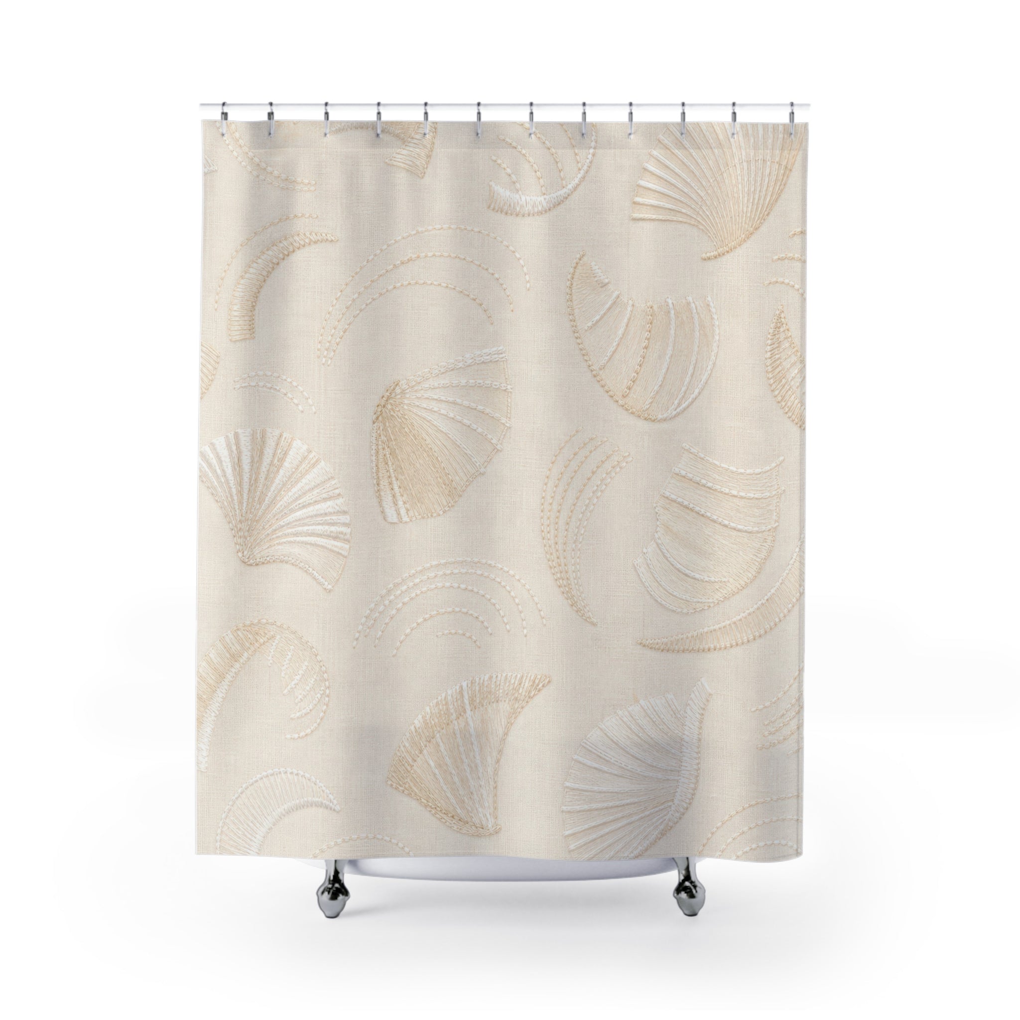 Cream Shower Curtain, Beige Abstract Bath Decor, Fan Shell Relief Style Pattern, Elegant Neutral Guest Bathroom Decor, Soft Modern Style