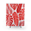 Red Tropical Leaf Shower Curtain, White Monstera Palm Pattern, Bold Botanical Bath Decor, Modern Jungle Guest Bathroom Accent, Spa Style
