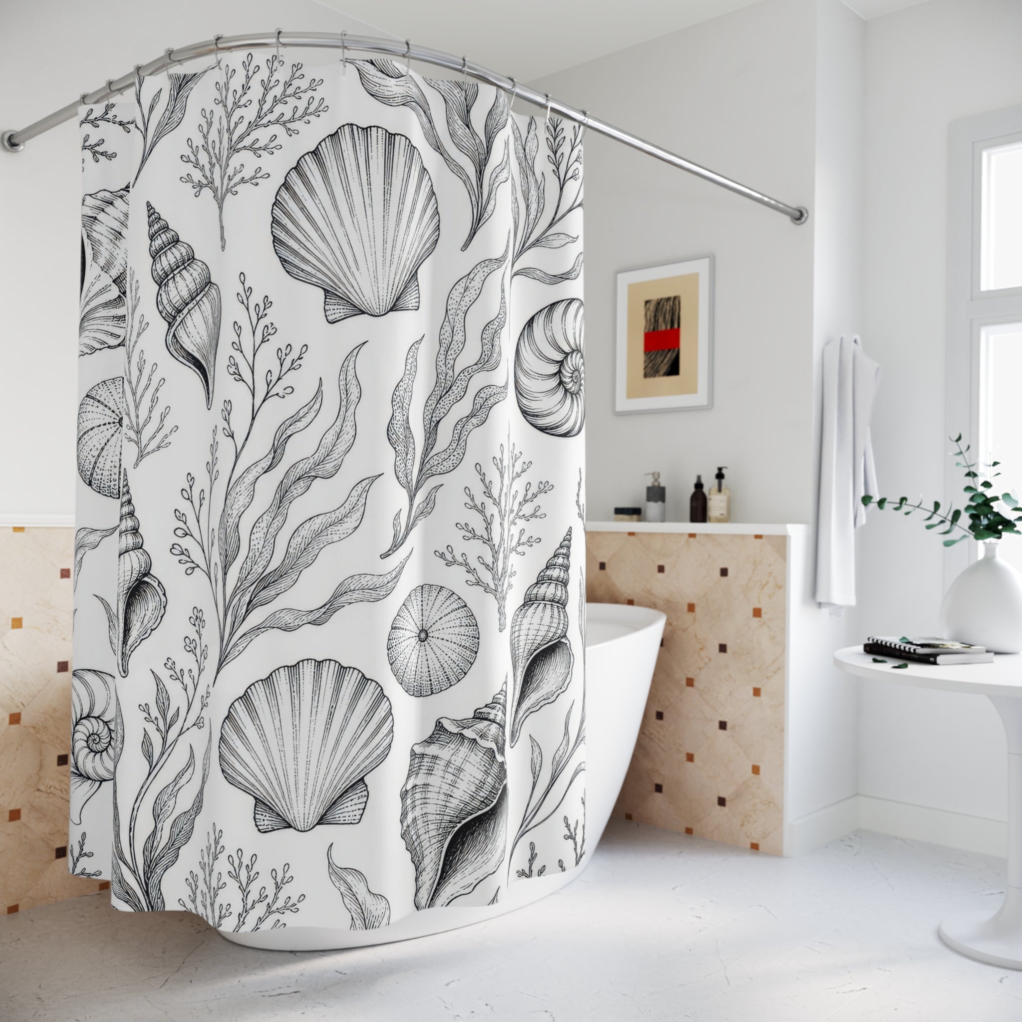 Black White Coastal Coral Shower Curtain