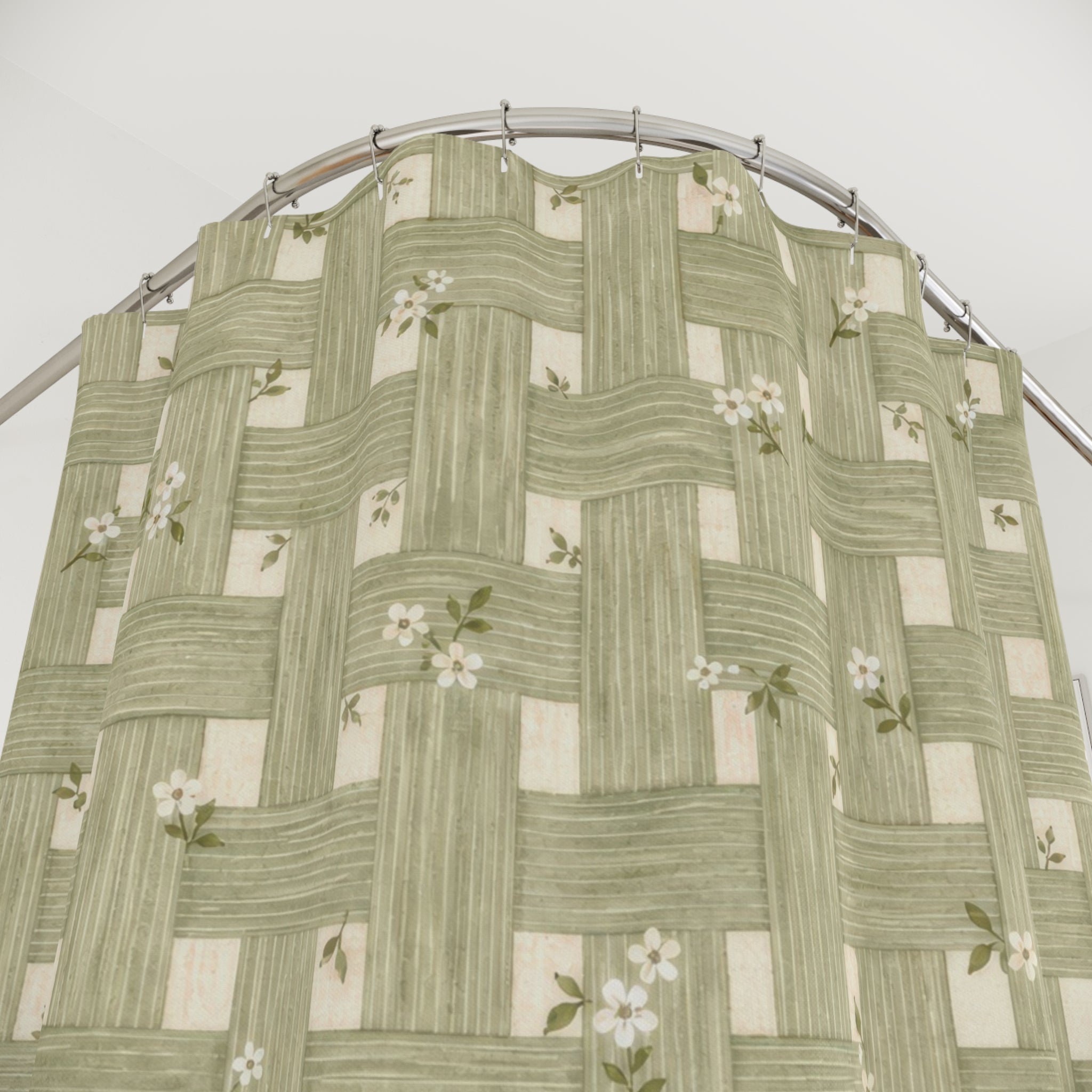 Sage Green Basketweave Look Floral Shower Curtain