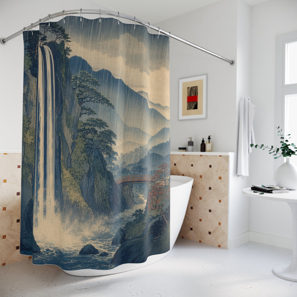 Blue Rain Waterfall Landscape Shower Curtain