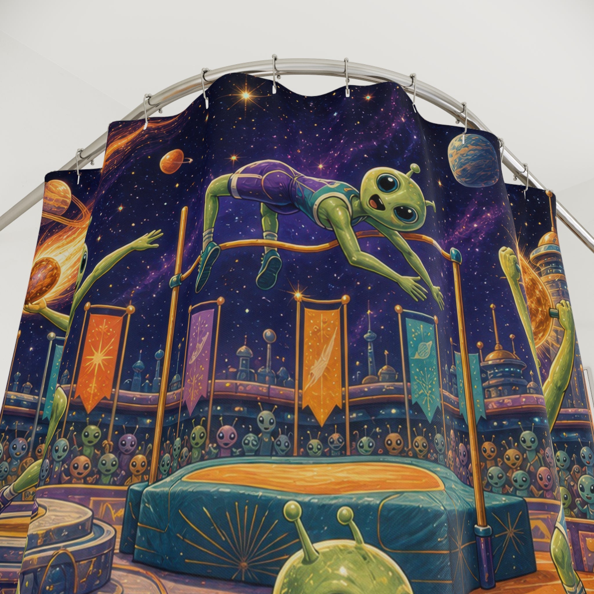 Unique Funny Alien Shower Curtain, Space Olympics Sports Art, Cosmic Stadium Bathroom Decor, Kids Wall Decor Guest Bath Gift For Home