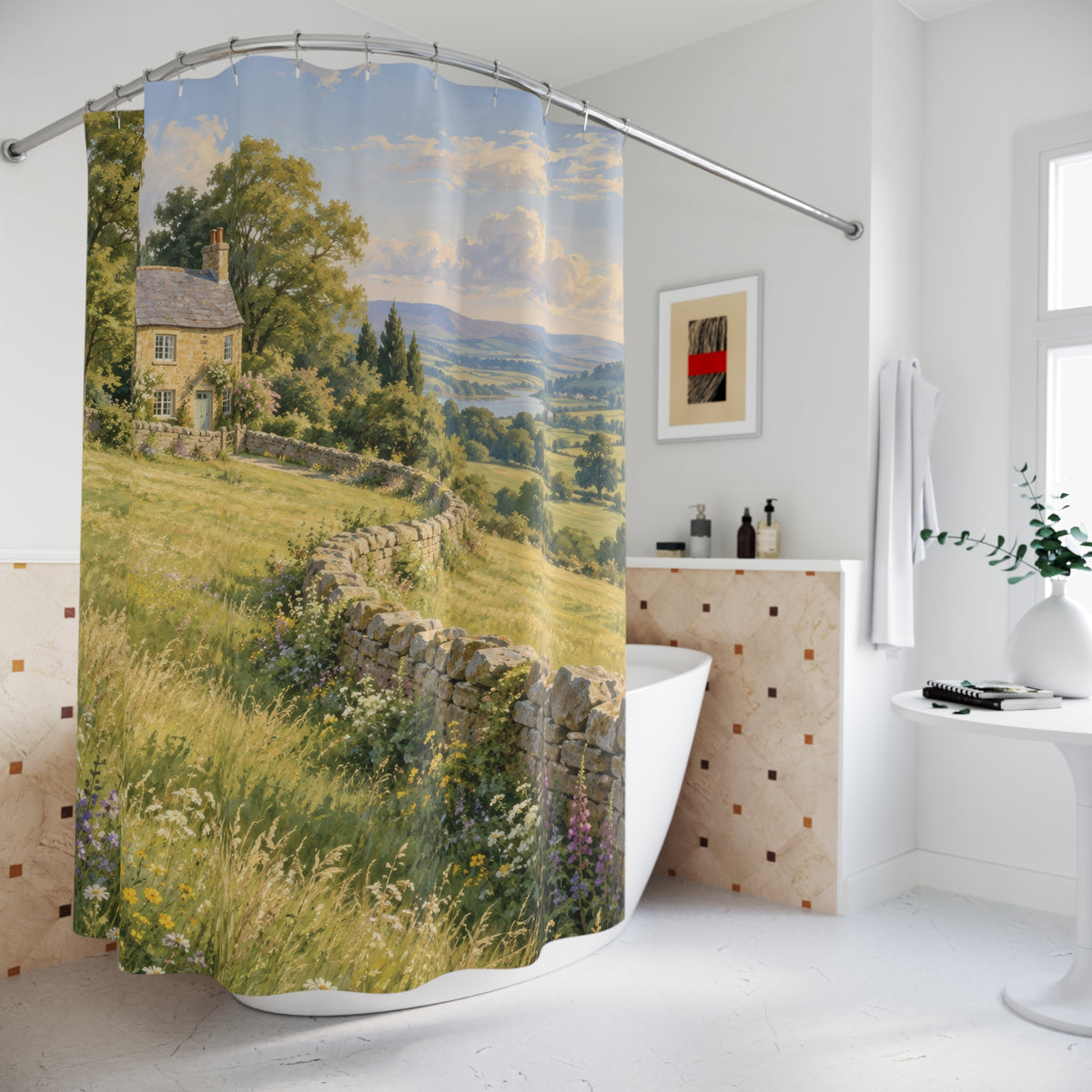 Stone cottage above a sunlit meadow and curving wall shower curtain beside a freestanding tub