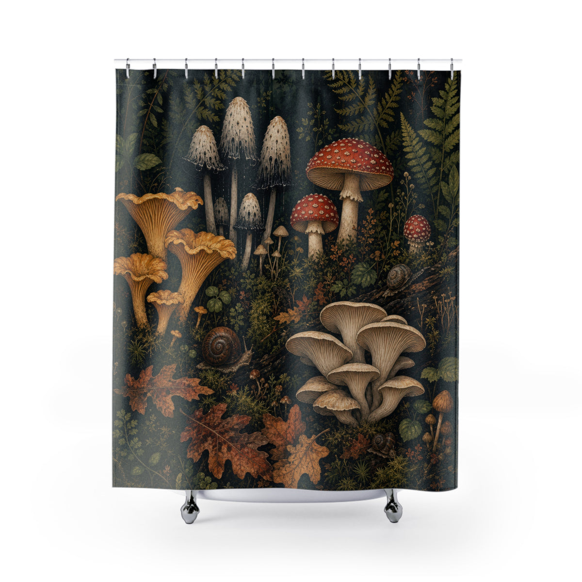 Mushroom Dark Forest Botanical Study shower curtain with full front view