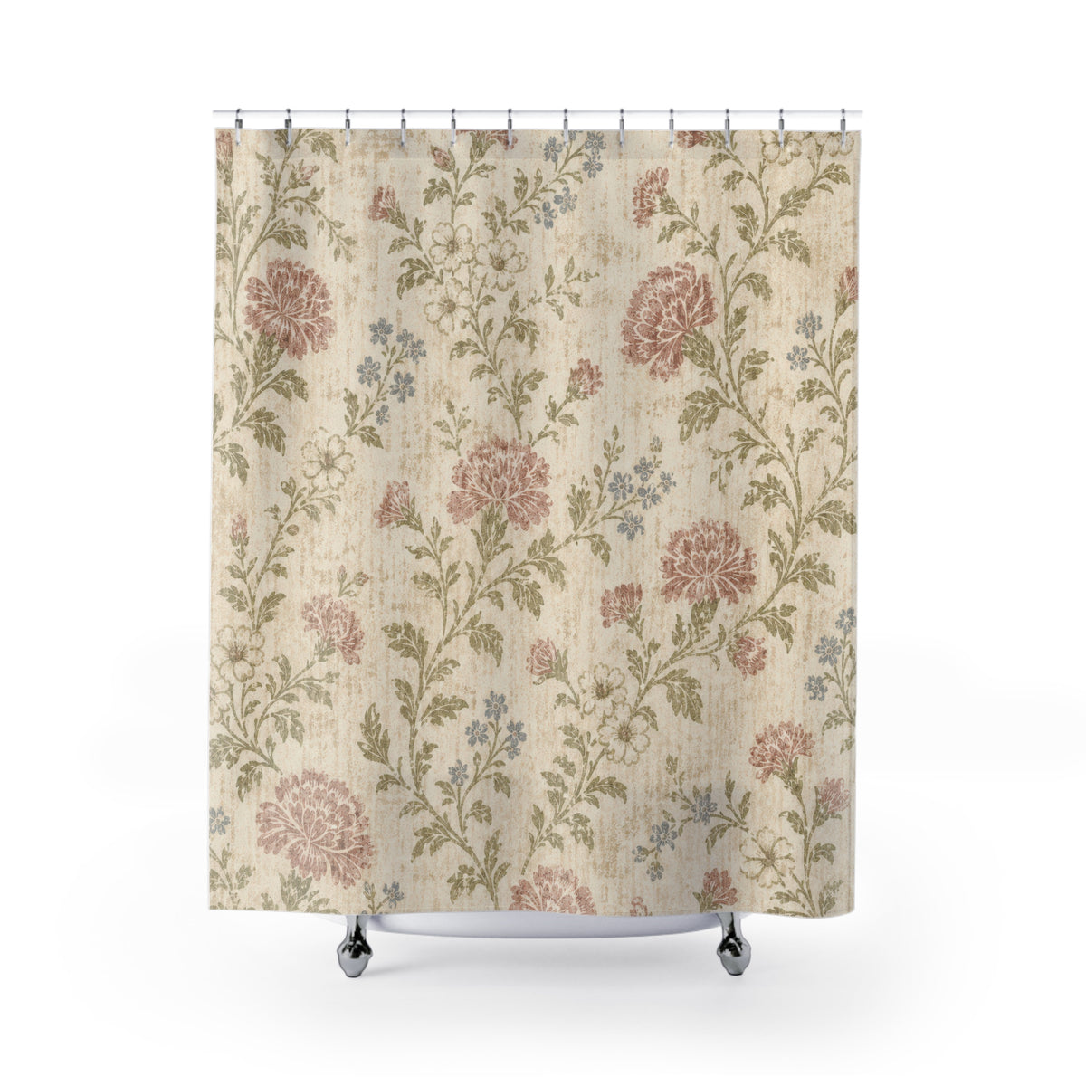 Pink Botanical Flower cottage floral shower curtain with full front view