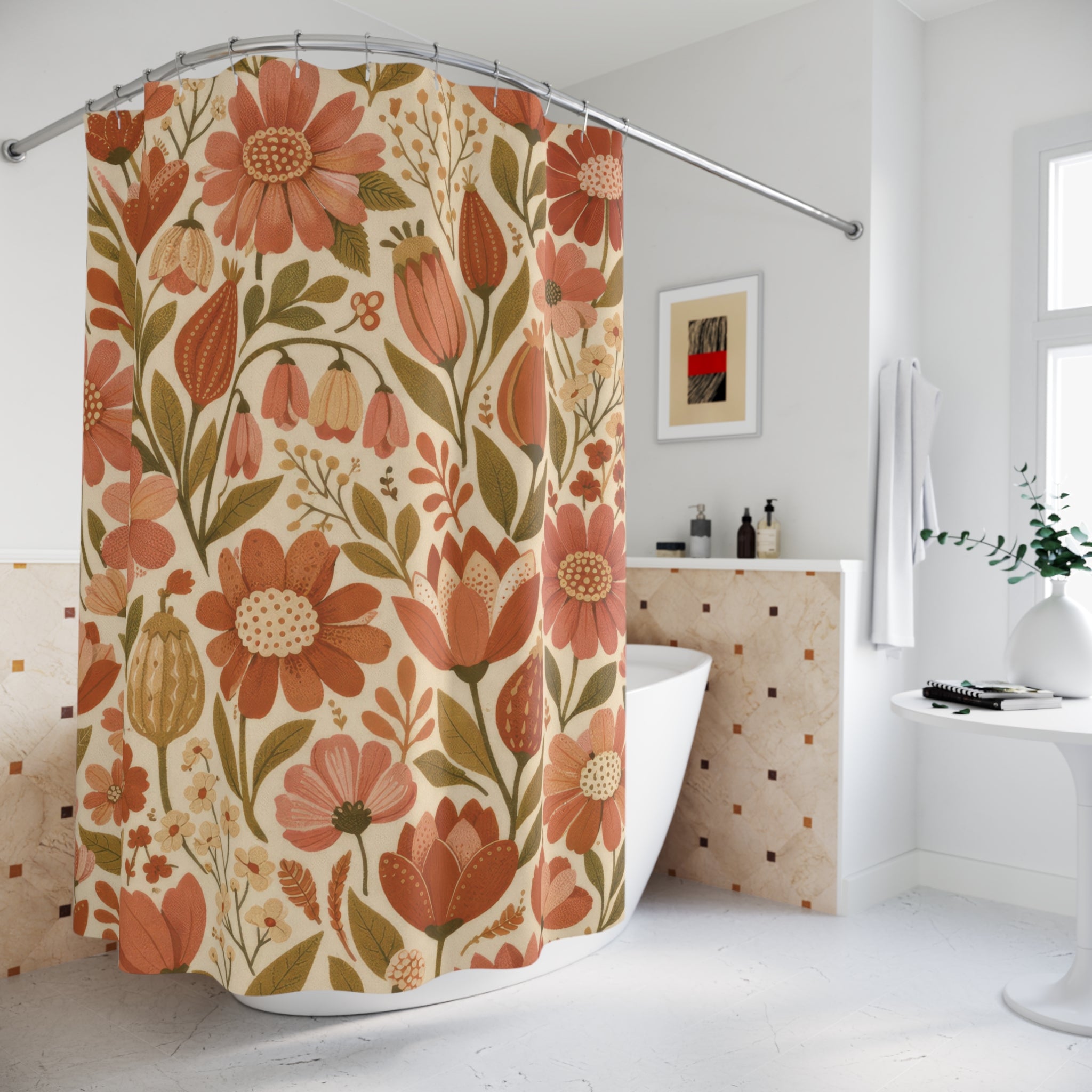Boho Wildflower Shower Curtain – Terracotta & Coral