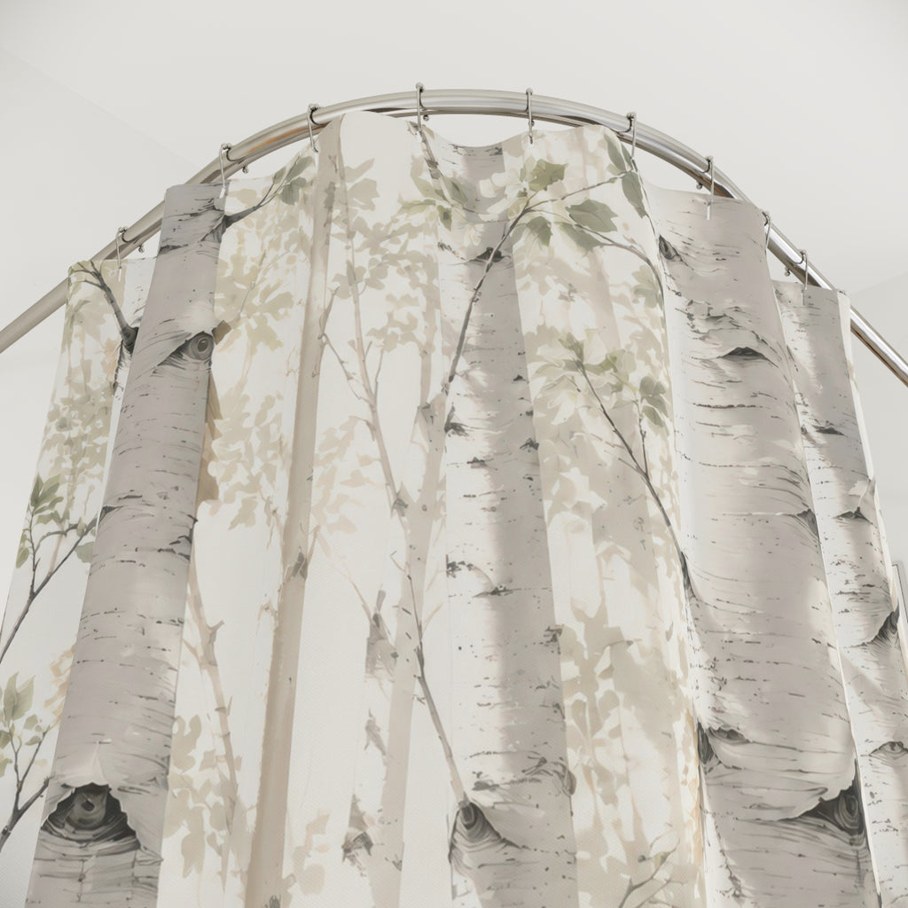 Ivory and sage white birch grove shower curtain with close-up print, hooks, and folds