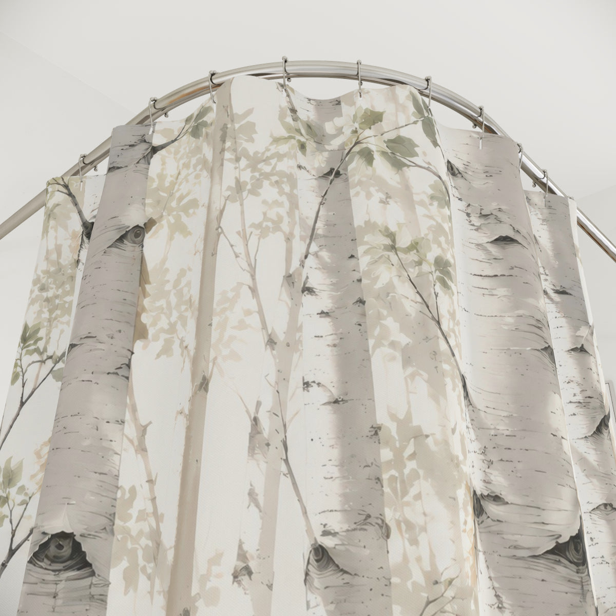 Ivory and sage white birch grove shower curtain with close-up print, hooks, and folds