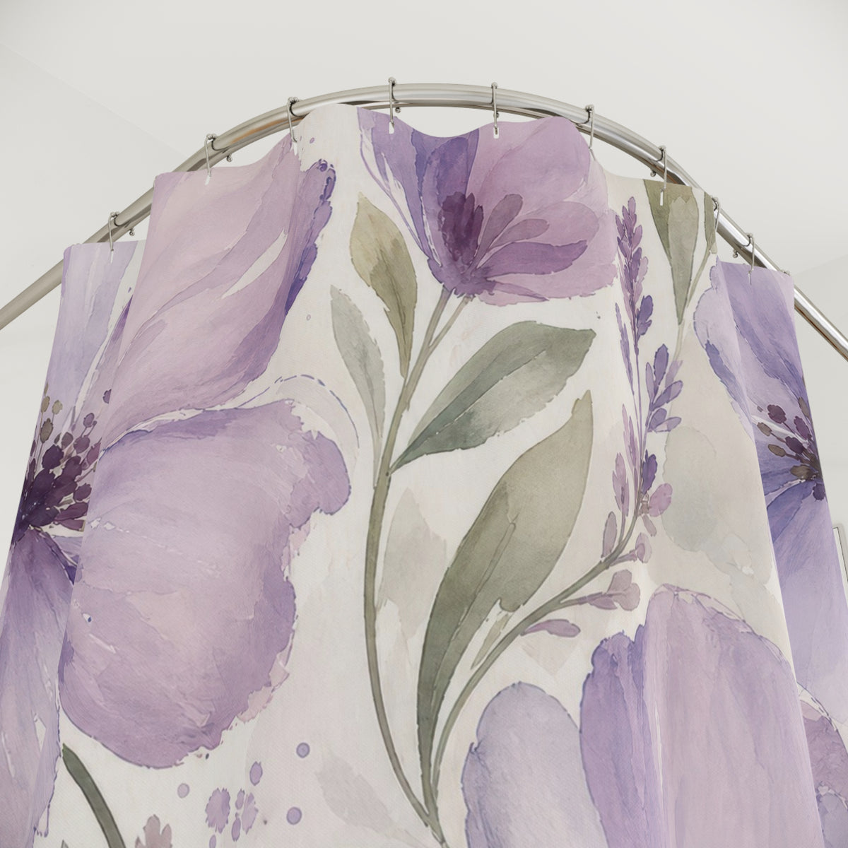 Lavender Modern Flower purple floral shower curtain with close-up print, hooks, and folds